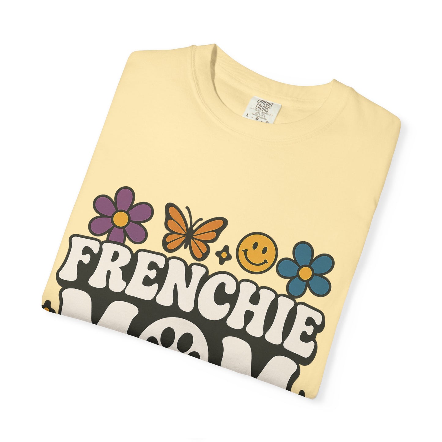 Frenchie Mom T-Shirt | Retro Groovy Dog Lover Tee | Smiley Flower French Bulldog Shirt | Cute Colorful Frenchie Gift for Her