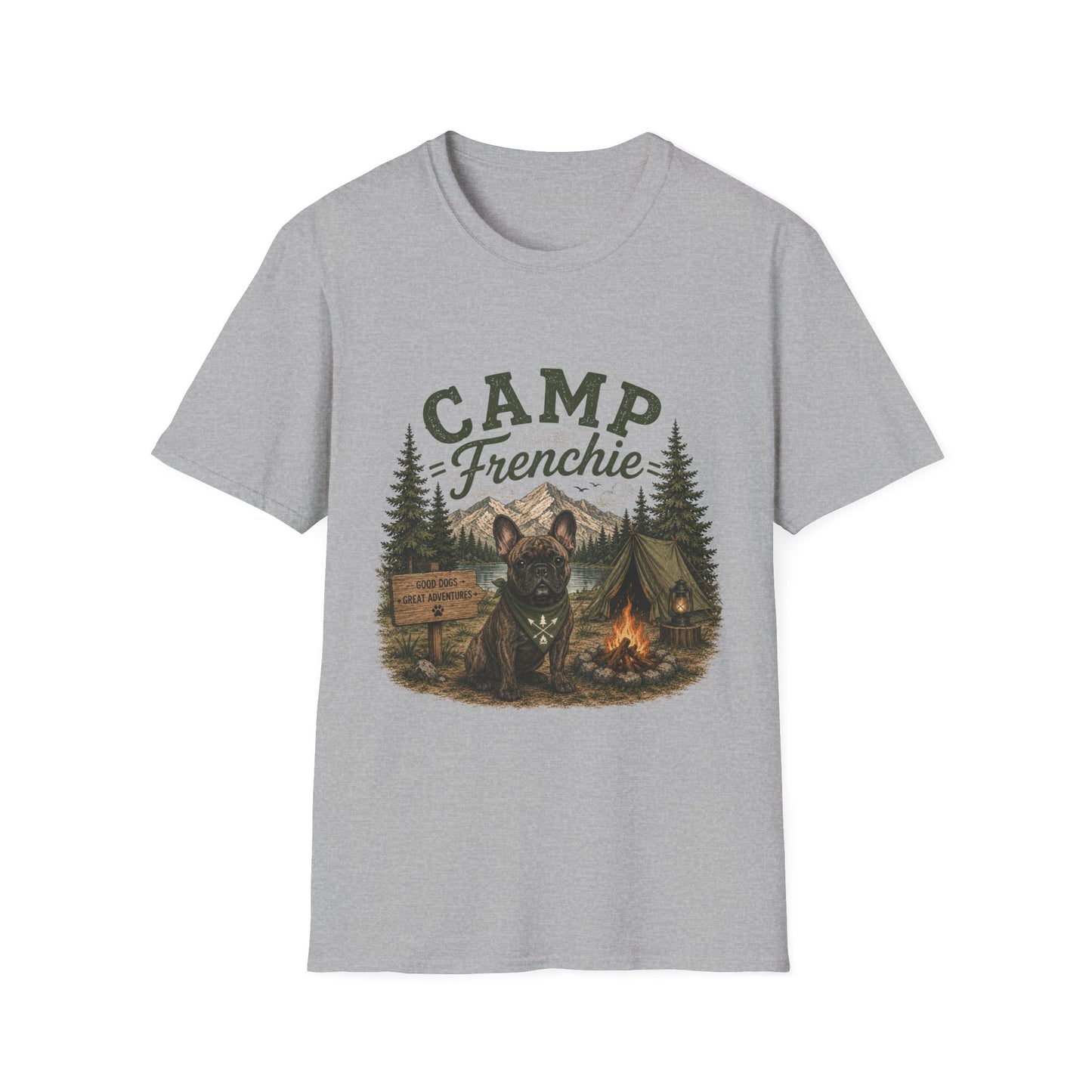 Camp Frenchie Shirt, French Bulldog Camping Shirt, Frenchie Outdoor Tee, Dog Camping Shirt, Adventure Dog Lover Gift, Campfire French Bulldog T-Shirt, Nature Graphic Tee