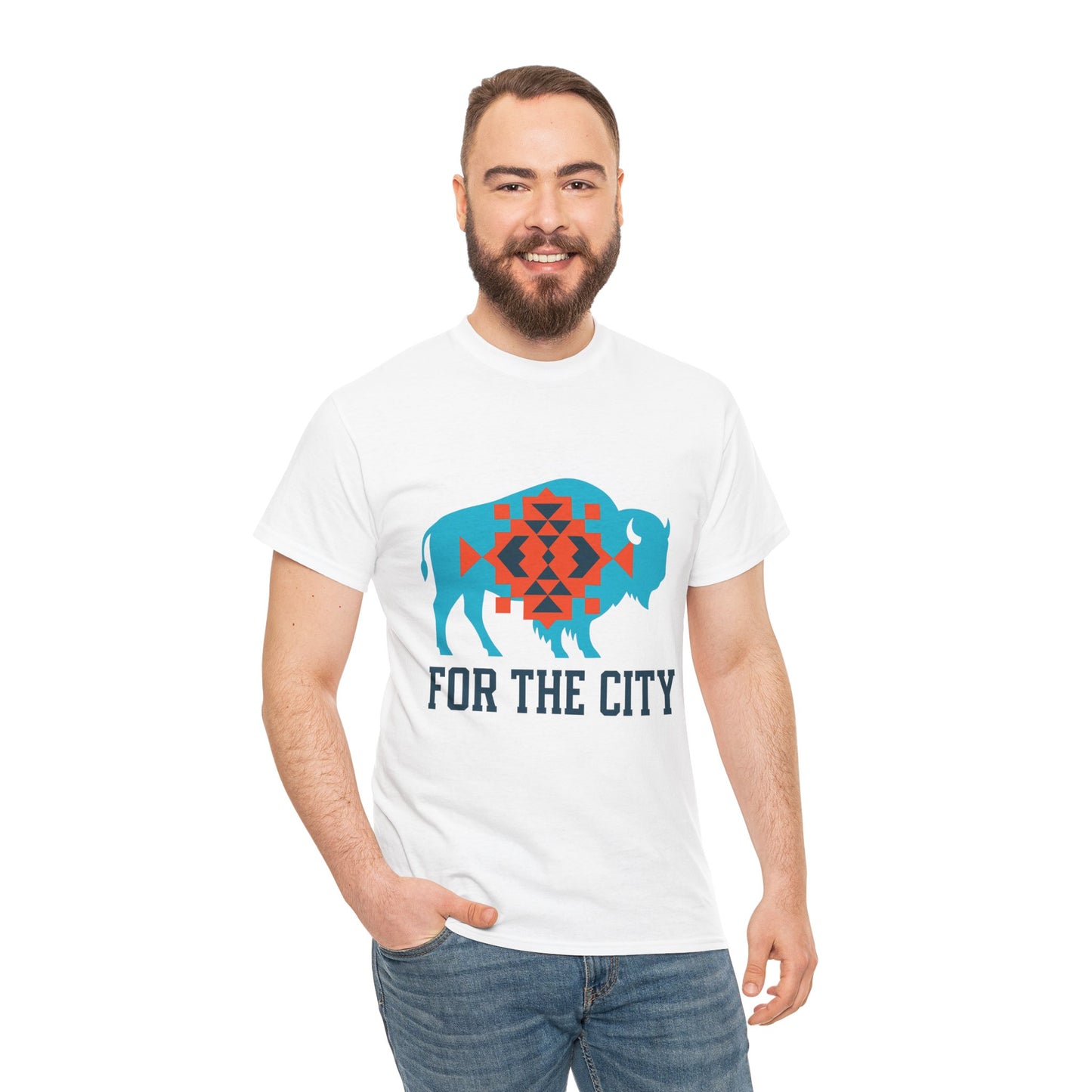 For The City Tribal Bison T-Shirt | Oklahoma Pride Tee | Blue & Orange Southwestern Bison Graphic | OKC Fan Inspired Shirt | Local Oklahoma Gift