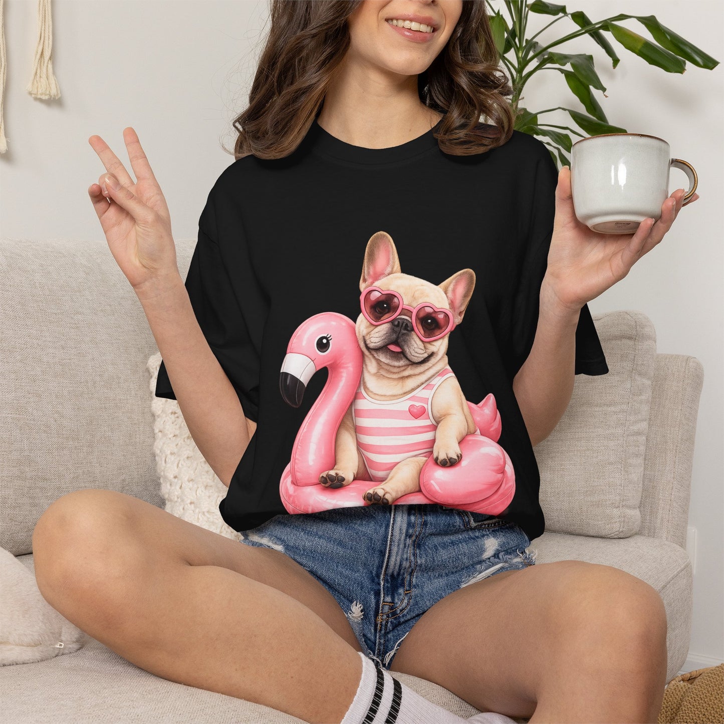 French Bulldog on Pink Flamingo Float T-Shirt — Cute Summer Dog Tee