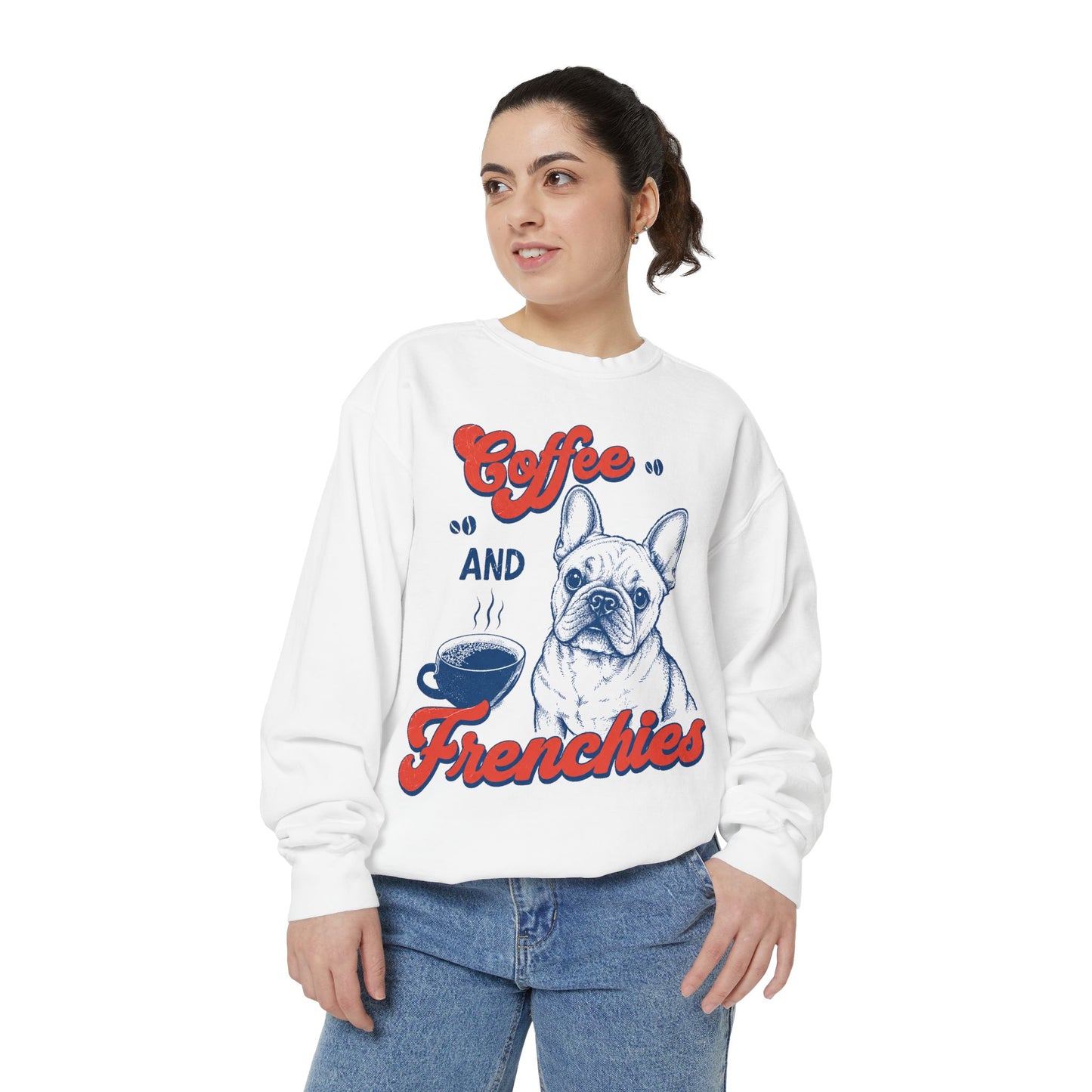 Coffee and Frenchies Sweatshirt, French Bulldog Coffee Crewneck, Frenchie Lover Pullover, Dog Mom Sweatshirt, Coffee Lover Gift, Cozy French Bulldog Sweatshirt