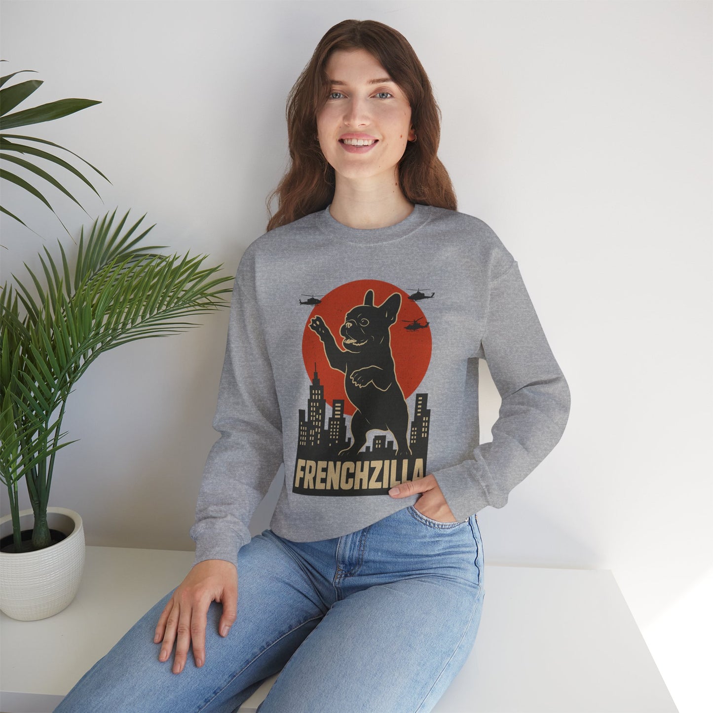 French Bulldogzilla Sweatshirt | Godzilla Inspired French Bulldog Graphic Tee | Retro Japanese Movie Style Dog Lover Shirt | Funny Frenchie Gift