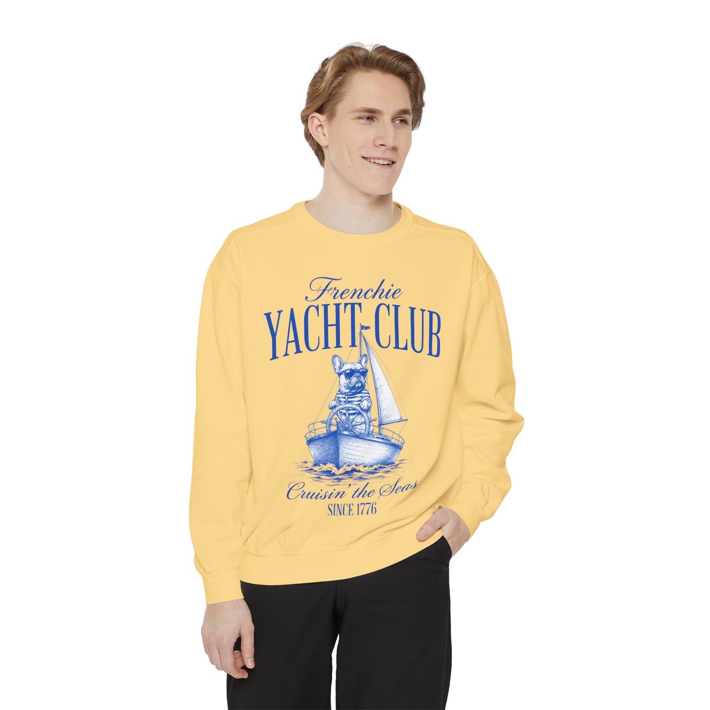 Frenchie Yacht Club Sweatshirt, French Bulldog Nautical Crewneck, Coastal Dog Lover Sweatshirt, Sailing Frenchie Pullover, Beach Club French Bulldog Gift, Preppy Yacht Club Sweatshirt