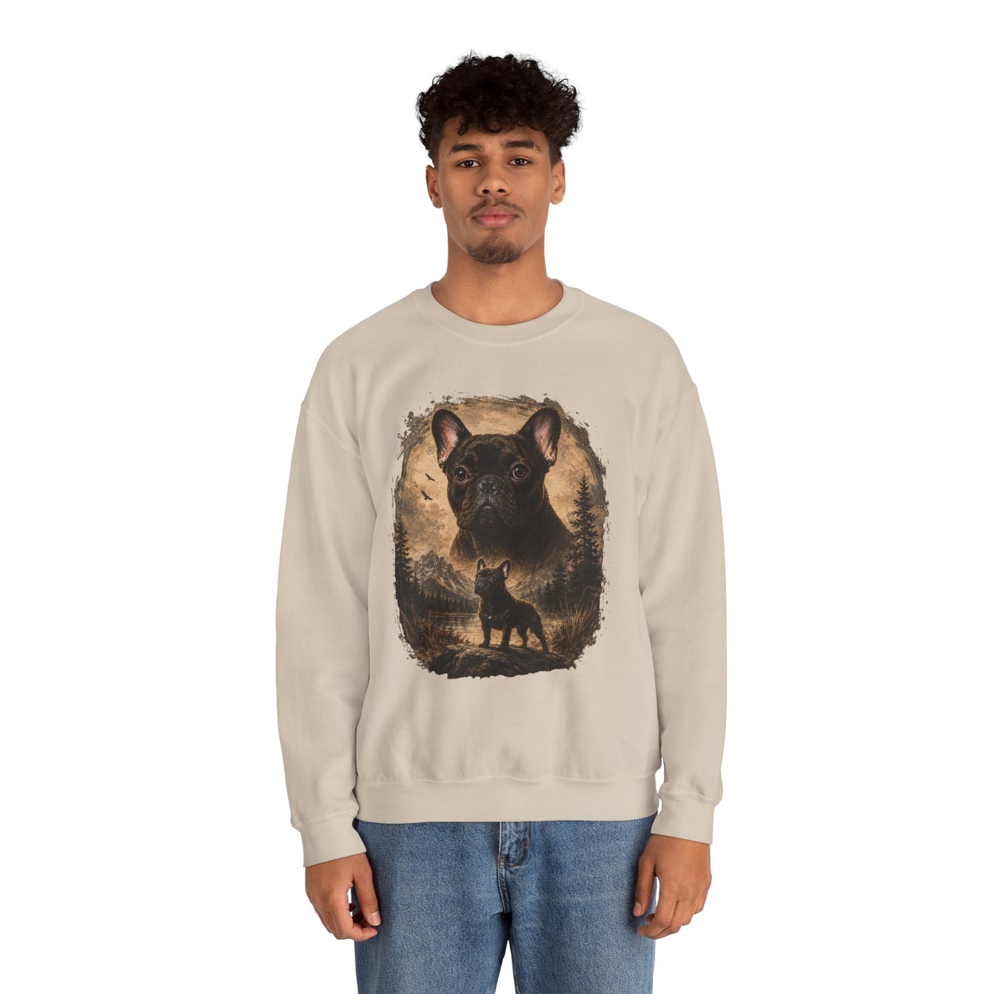 Black French Bulldog Sweatshirt, Rustic Frenchie Crewneck, Vintage Nature French Bulldog Sweatshirt, Dog Lover Gift, Black Frenchie Pullover, Camping Sweatshirt, Cozy Dog Apparel