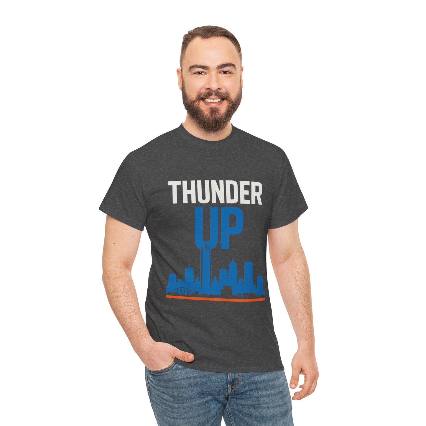 Thunder Up Oklahoma City Skyline Shirt – OKC Basketball Fan Tee, Blue & Orange City Skyline Graphic, Oklahoma Hoops Spirit Wear, Game Day T-Shirt