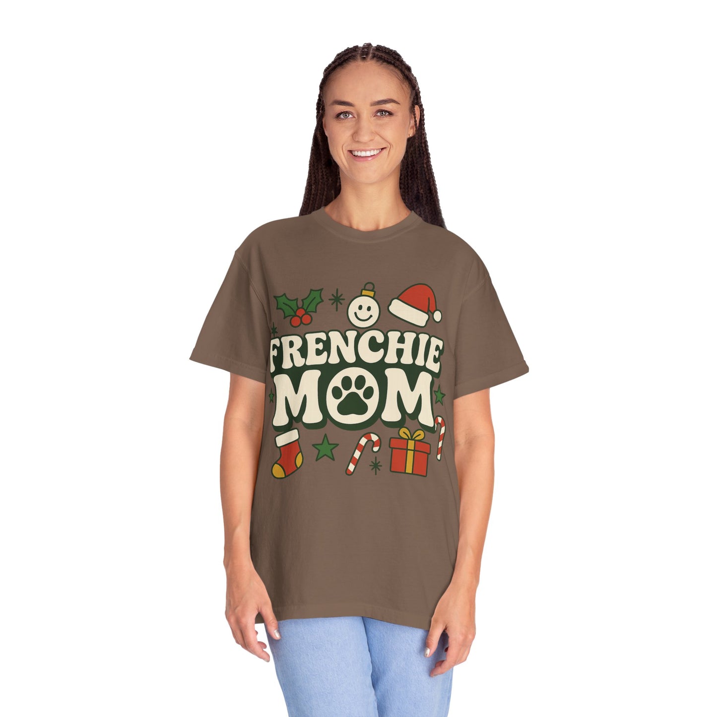 Merry Frenchie Mom T-Shirt | Christmas Dog Mom Tee | Festive French Bulldog Top | Cute Holiday Dog Lover Gift Shirt