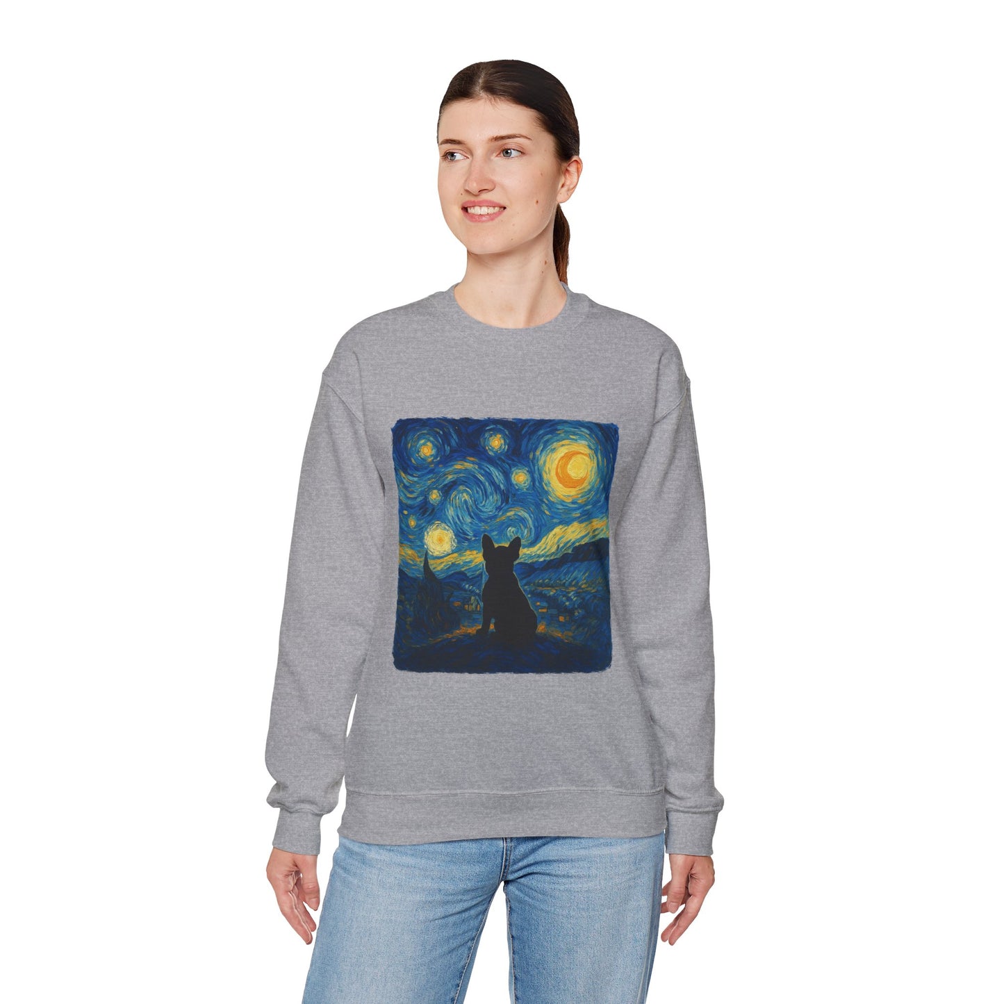 Starry Night Frenchie Sweatshirt – Van Gogh Inspired French Bulldog Art Crewneck, Cozy Dog Lover Gift, Retro Frenchie Sweater