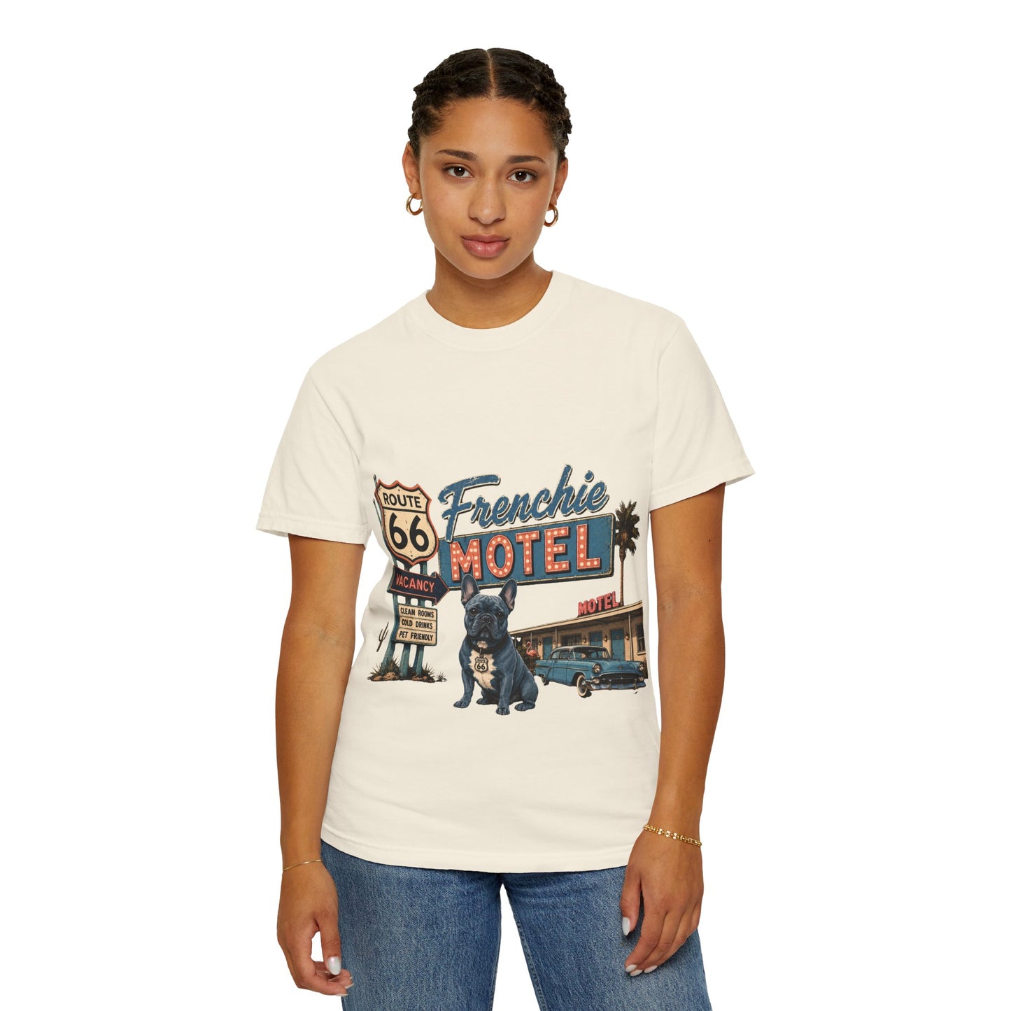 Route 66 Frenchie Motel Shirt, French Bulldog Retro Travel Tee, Vintage Road Trip Shirt, Dog Lover Graphic Tee, Route 66 Dog Shirt, Frenchie Motel T-Shirt, Retro Americana Gift