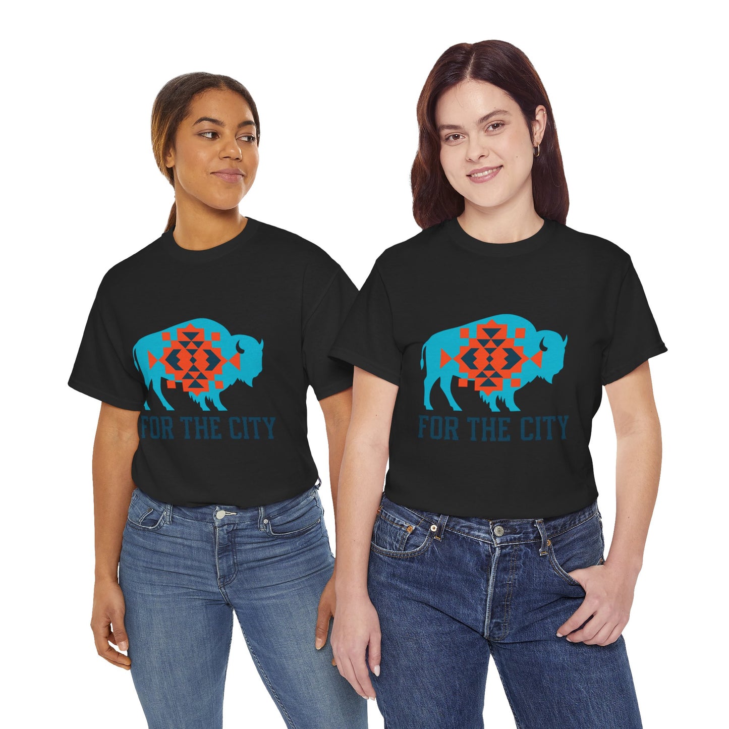 For The City Tribal Bison T-Shirt | Oklahoma Pride Tee | Blue & Orange Southwestern Bison Graphic | OKC Fan Inspired Shirt | Local Oklahoma Gift