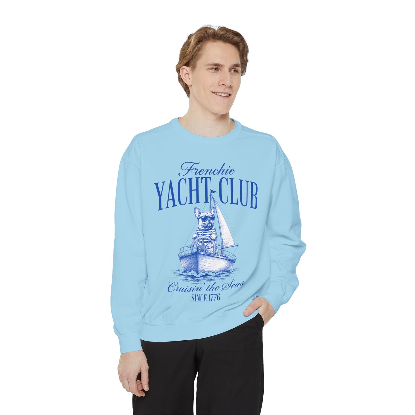 Frenchie Yacht Club Sweatshirt, French Bulldog Nautical Crewneck, Coastal Dog Lover Sweatshirt, Sailing Frenchie Pullover, Beach Club French Bulldog Gift, Preppy Yacht Club Sweatshirt