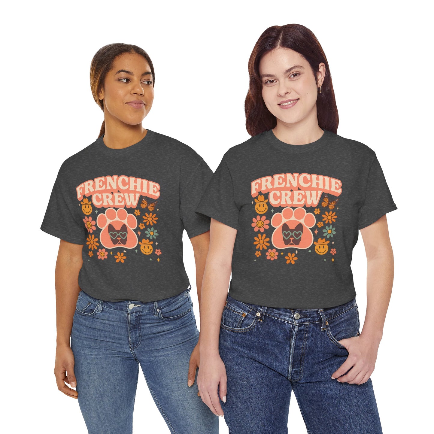 Frenchie Crew T-Shirt | Retro 70s Floral French Bulldog Tee | Groovy Dog Mom Shirt | Frenchie Lover Gift | Vintage Aesthetic Graphic Tee