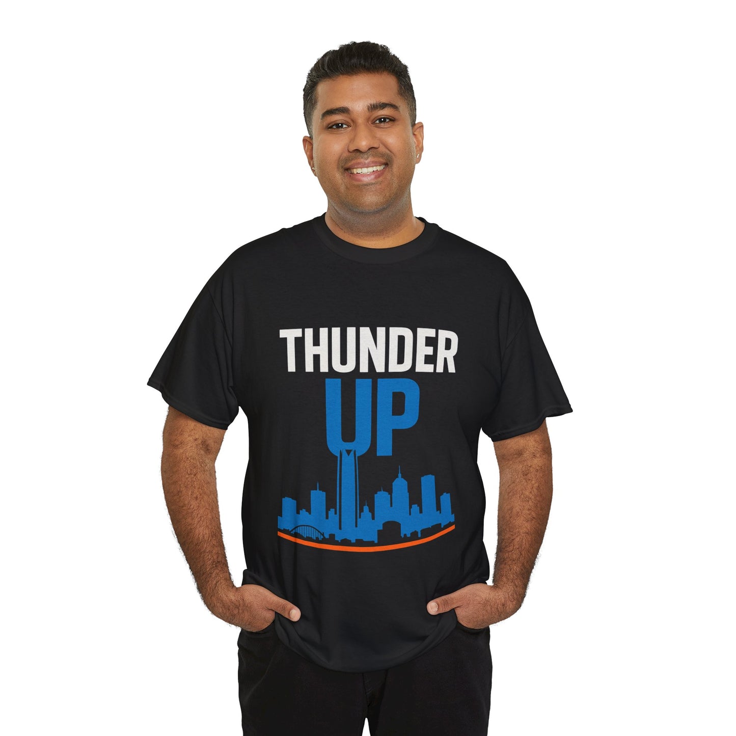 Thunder Up Oklahoma City Skyline Shirt – OKC Basketball Fan Tee, Blue & Orange City Skyline Graphic, Oklahoma Hoops Spirit Wear, Game Day T-Shirt