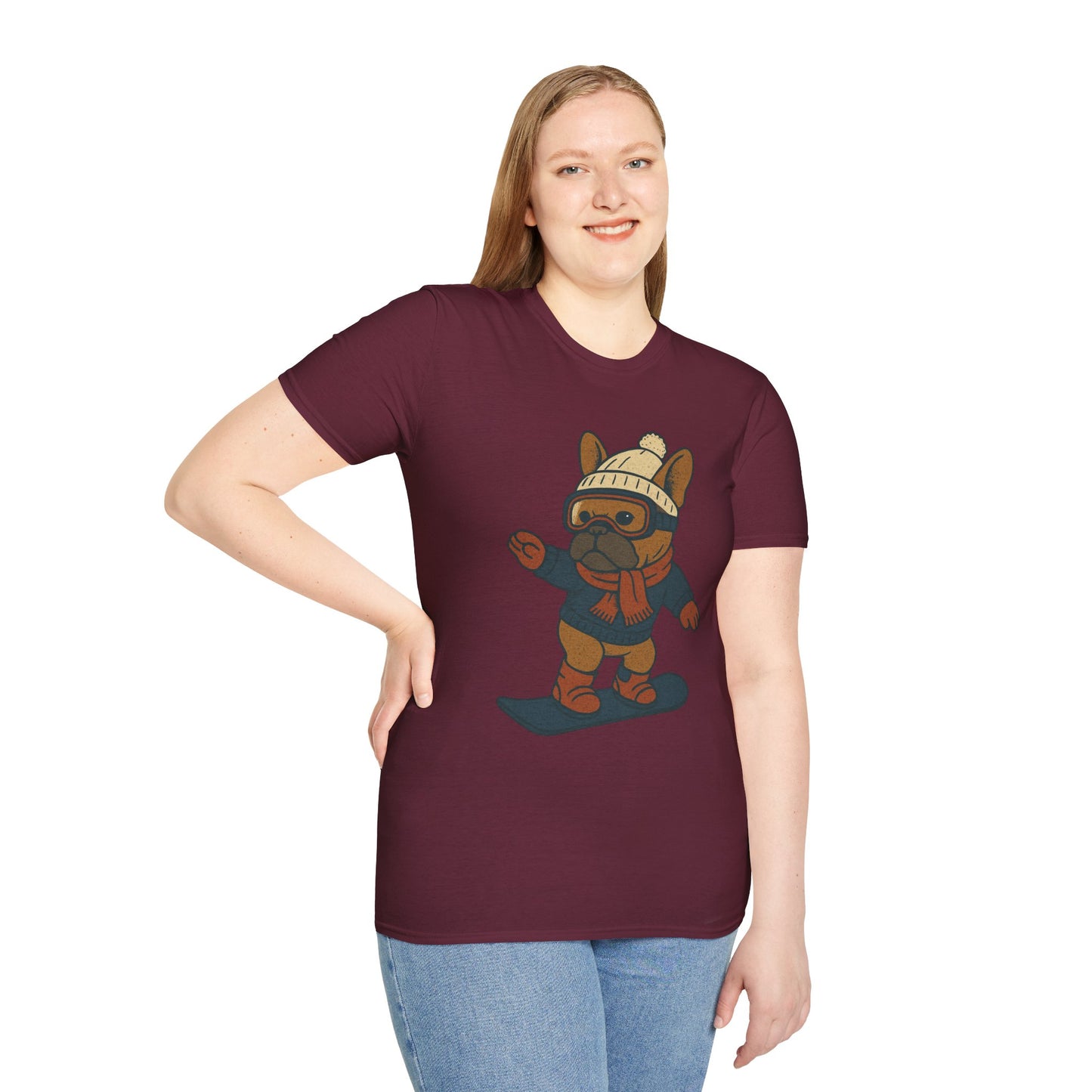 Snowboarding Frenchie T-Shirt | Cute Winter Dog Snowboard Tee | French Bulldog Snowboarder Shirt | Holiday Ski Resort Pup Graphic | Dog Lover Snow Sport Gift