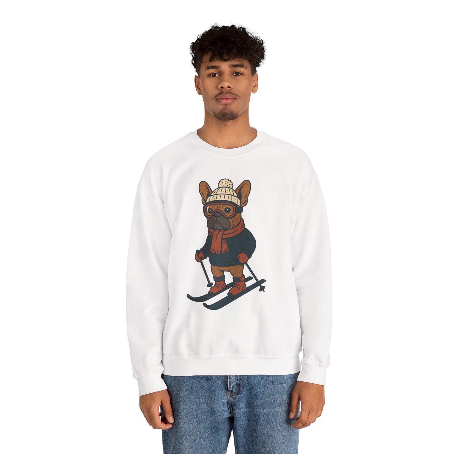 Skiing Frenchie Sweatshirt – Cute Winter French Bulldog Pullover, Cozy Ski Dog Sweater, Funny Dog Lover Gift, Winter Sports Bulldog Crewneck