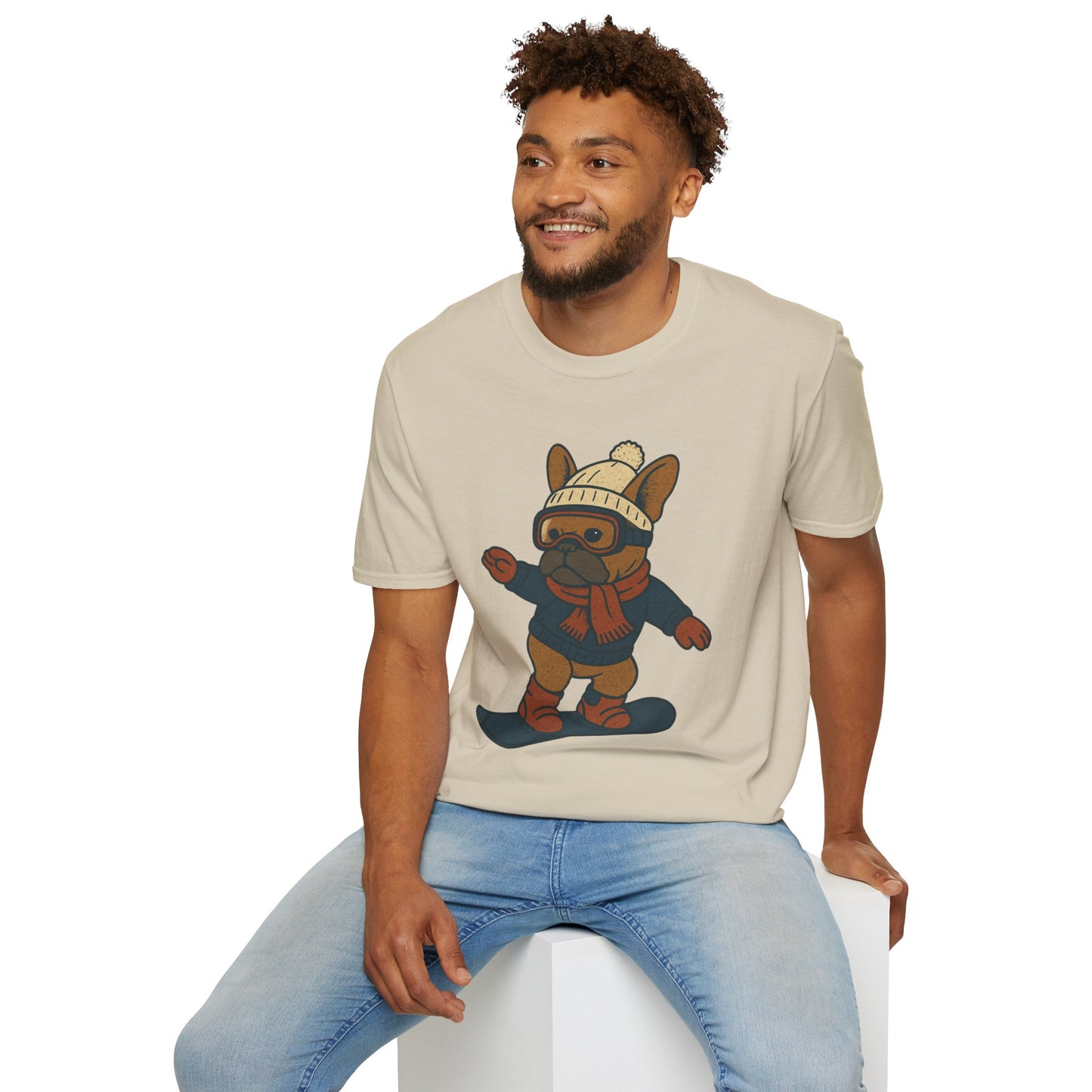 Snowboarding Frenchie T-Shirt | Cute Winter Dog Snowboard Tee | French Bulldog Snowboarder Shirt | Holiday Ski Resort Pup Graphic | Dog Lover Snow Sport Gift