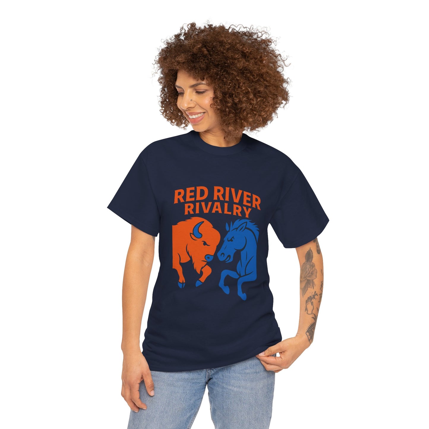 Red River Rivalry T-Shirt – Oklahoma vs Texas-Inspired Tee, Bison and Mustang Game Day Shirt, Blue and Orange Sports Rivalry Graphic