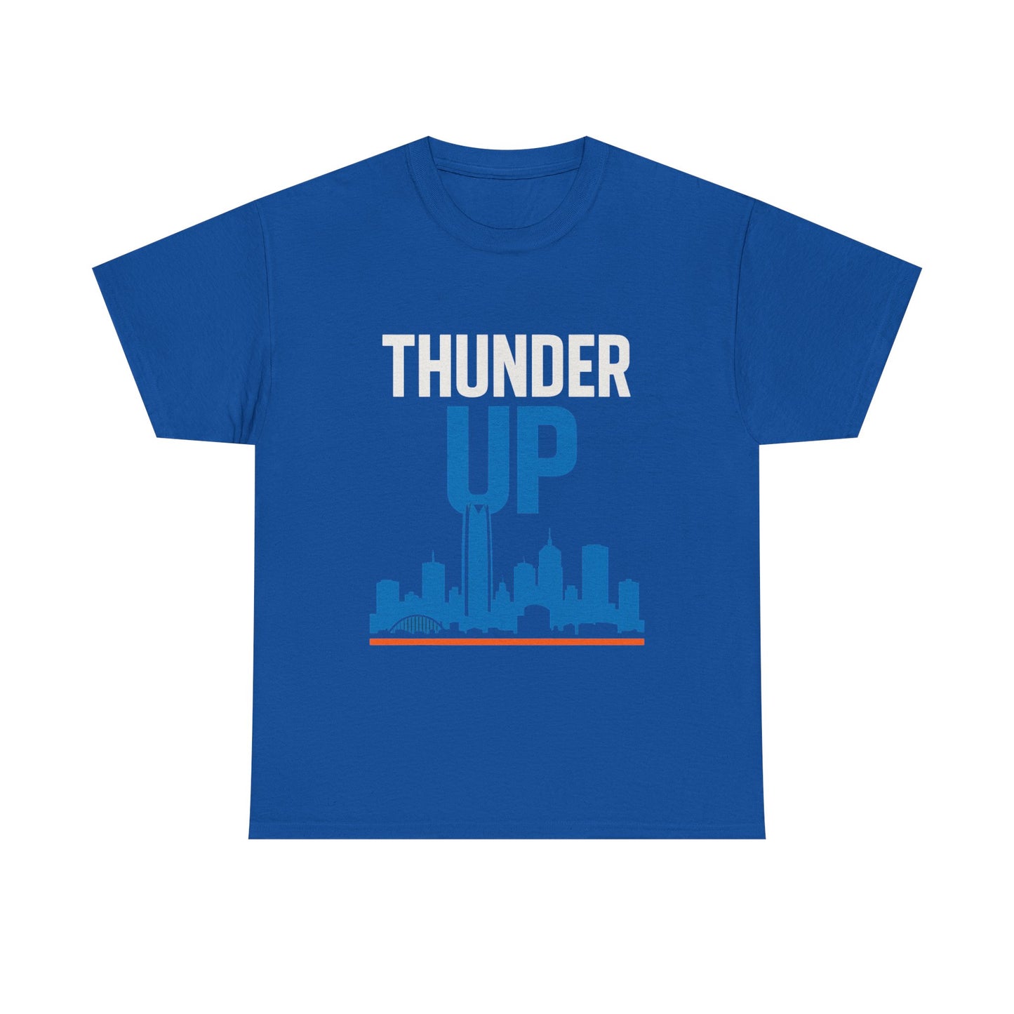 Thunder Up Oklahoma City Skyline Shirt – OKC Basketball Fan Tee, Blue & Orange City Skyline Graphic, Oklahoma Hoops Spirit Wear, Game Day T-Shirt