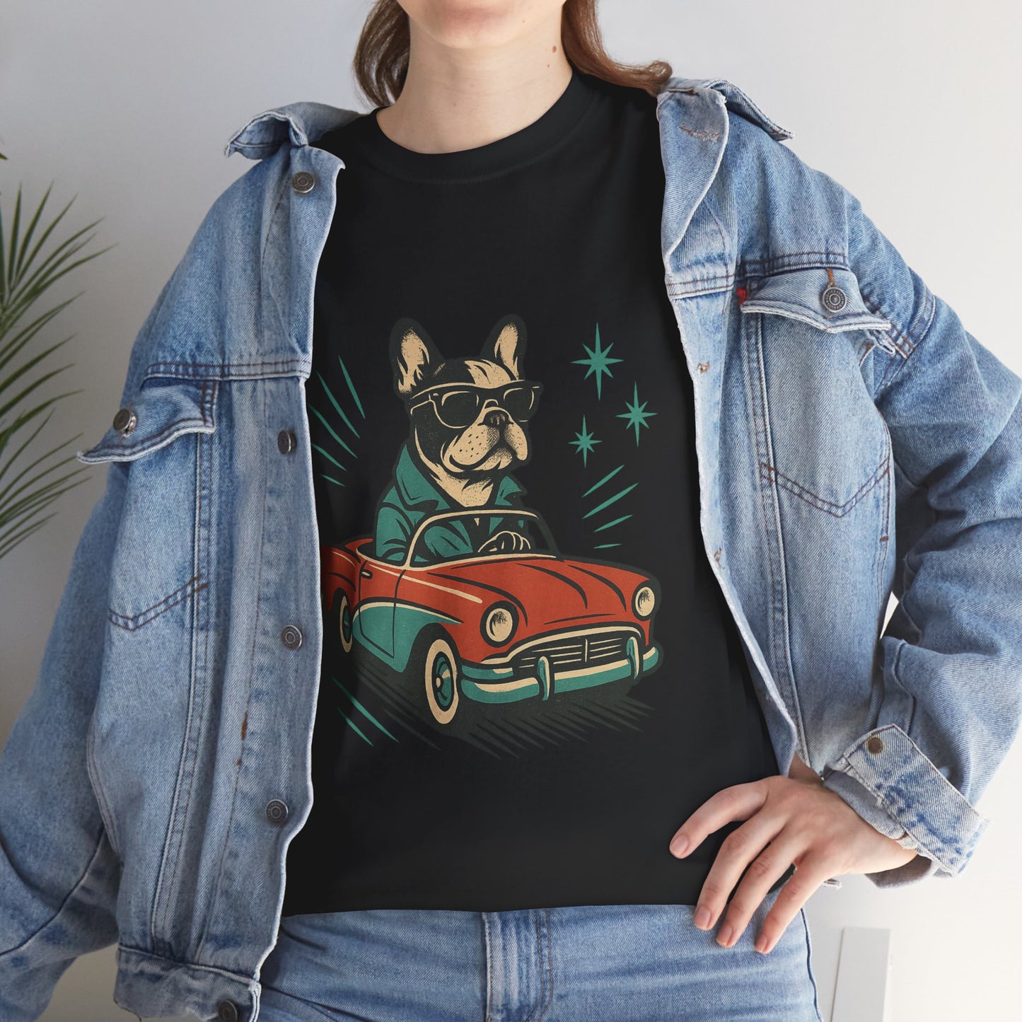 Rockabilly Frenchie T-Shirt | Retro French Bulldog Driving Tee | Vintage Car Dog Lover Shirt | Cool 50s Style Frenchie Graphic Tee