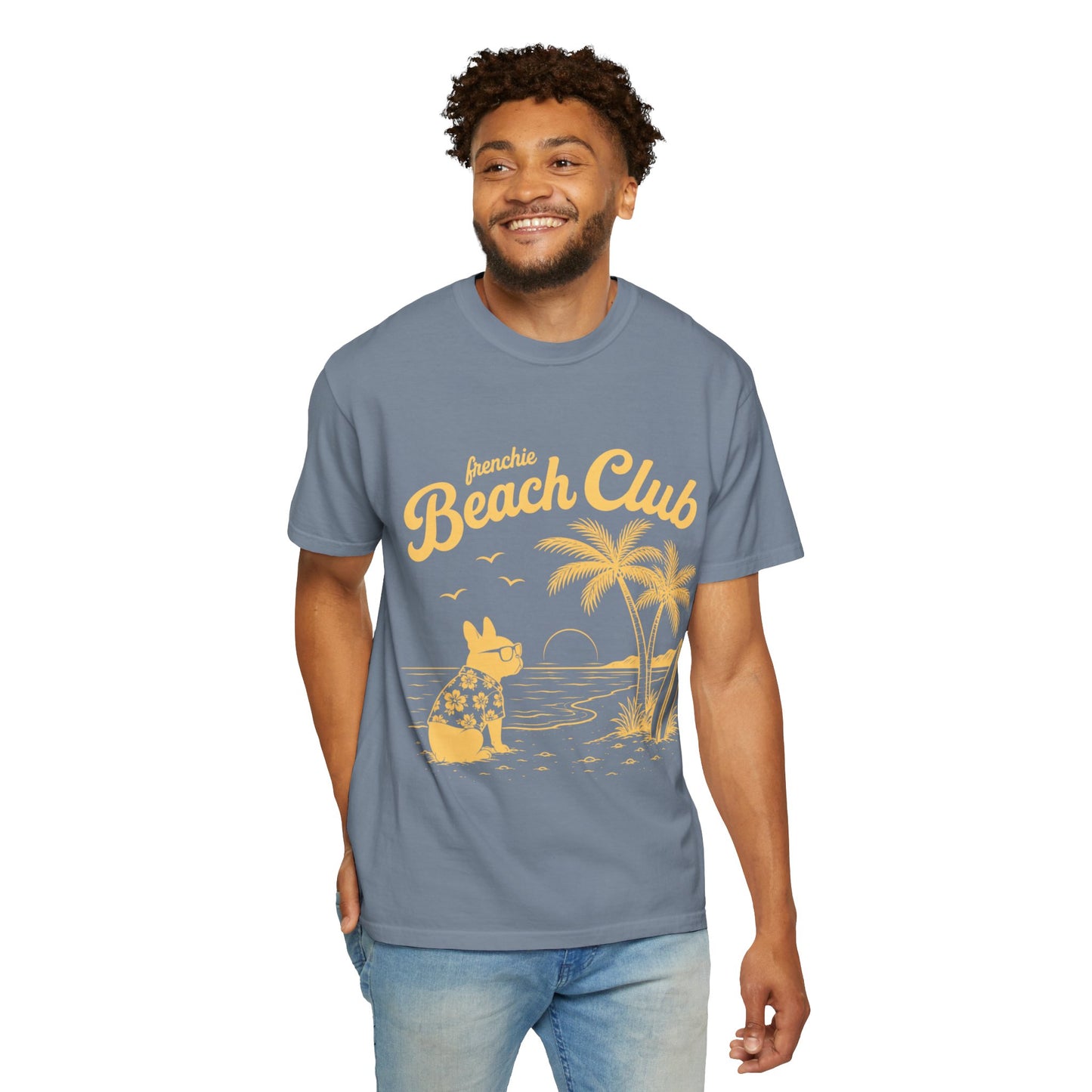Frenchie Beach Club T-Shirt — Cute French Bulldog Surfing Palm Beach Tee