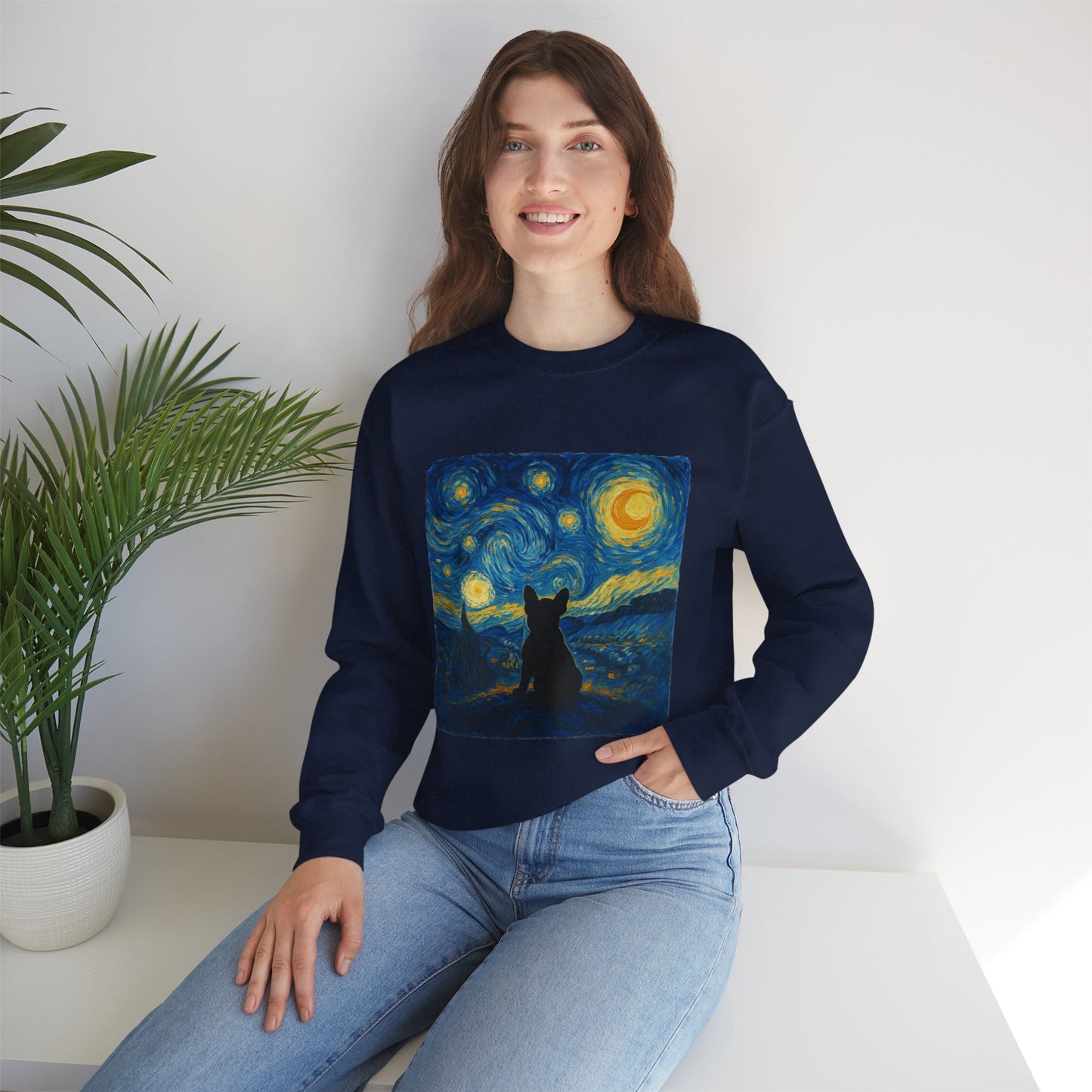 Starry Night Frenchie Sweatshirt – Van Gogh Inspired French Bulldog Art Crewneck, Cozy Dog Lover Gift, Retro Frenchie Sweater