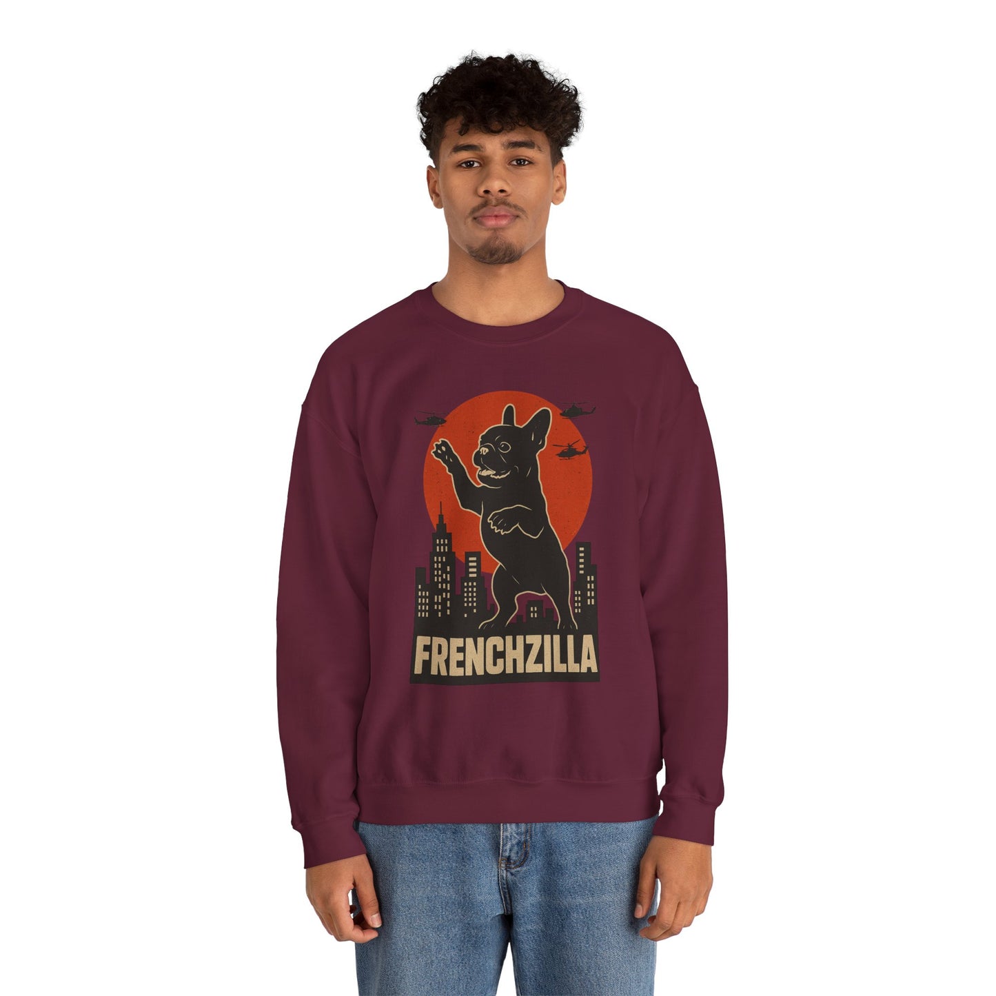 French Bulldogzilla Sweatshirt | Godzilla Inspired French Bulldog Graphic Tee | Retro Japanese Movie Style Dog Lover Shirt | Funny Frenchie Gift