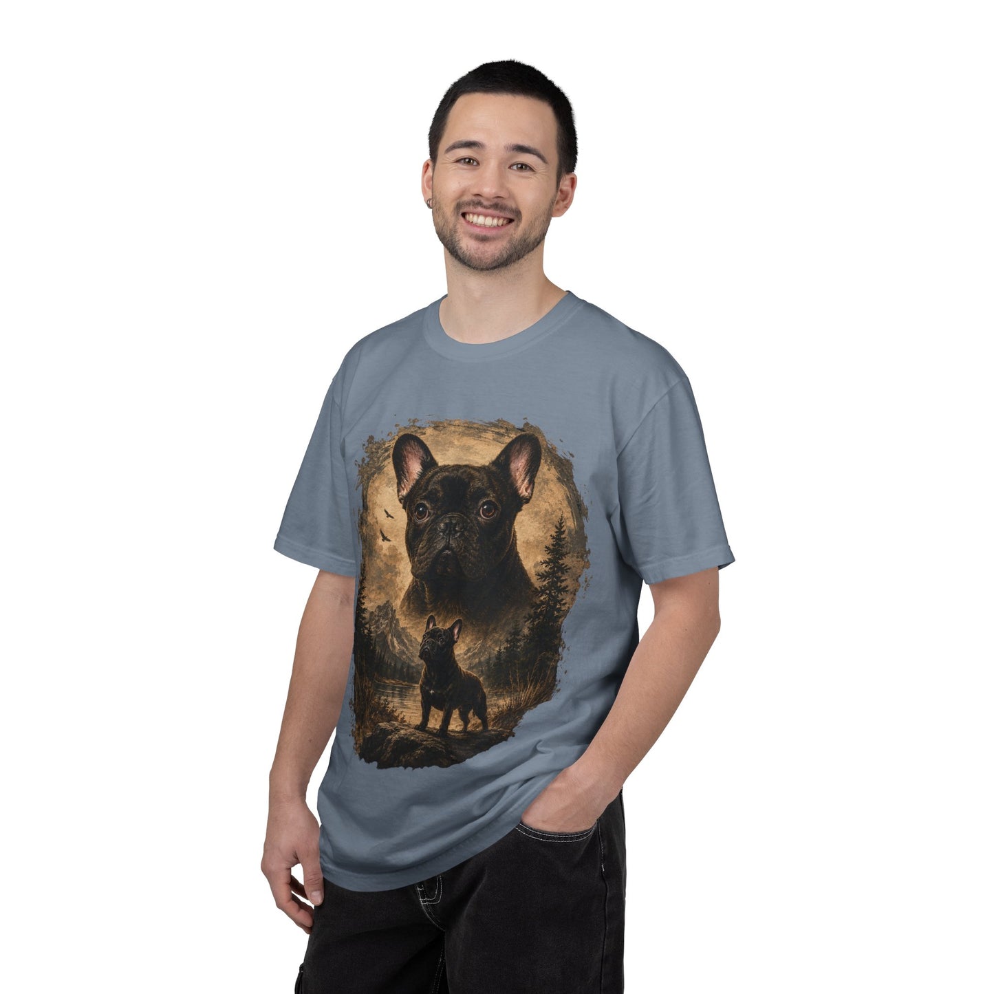 Black French Bulldog Shirt, Vintage Frenchie Nature Tee, Rustic French Bulldog Shirt, Dog Lover Gift, Frenchie Mountain Landscape Tee, Outdoors Dog Shirt, French Bulldog Art
