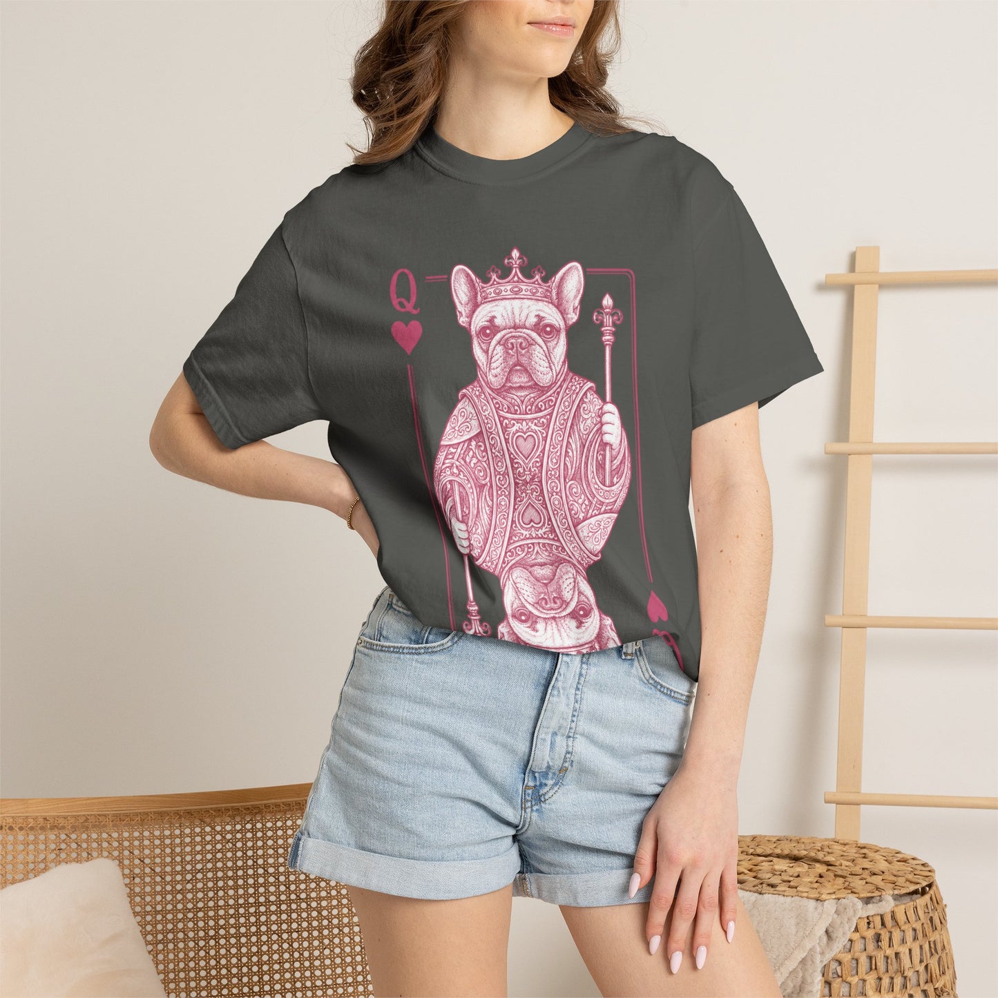 Queen of Hearts French Bulldog Shirt, Frenchie Queen Playing Card Tee, Dog Mom Gift, Cute French Bulldog Graphic Shirt, Royal Frenchie T-Shirt