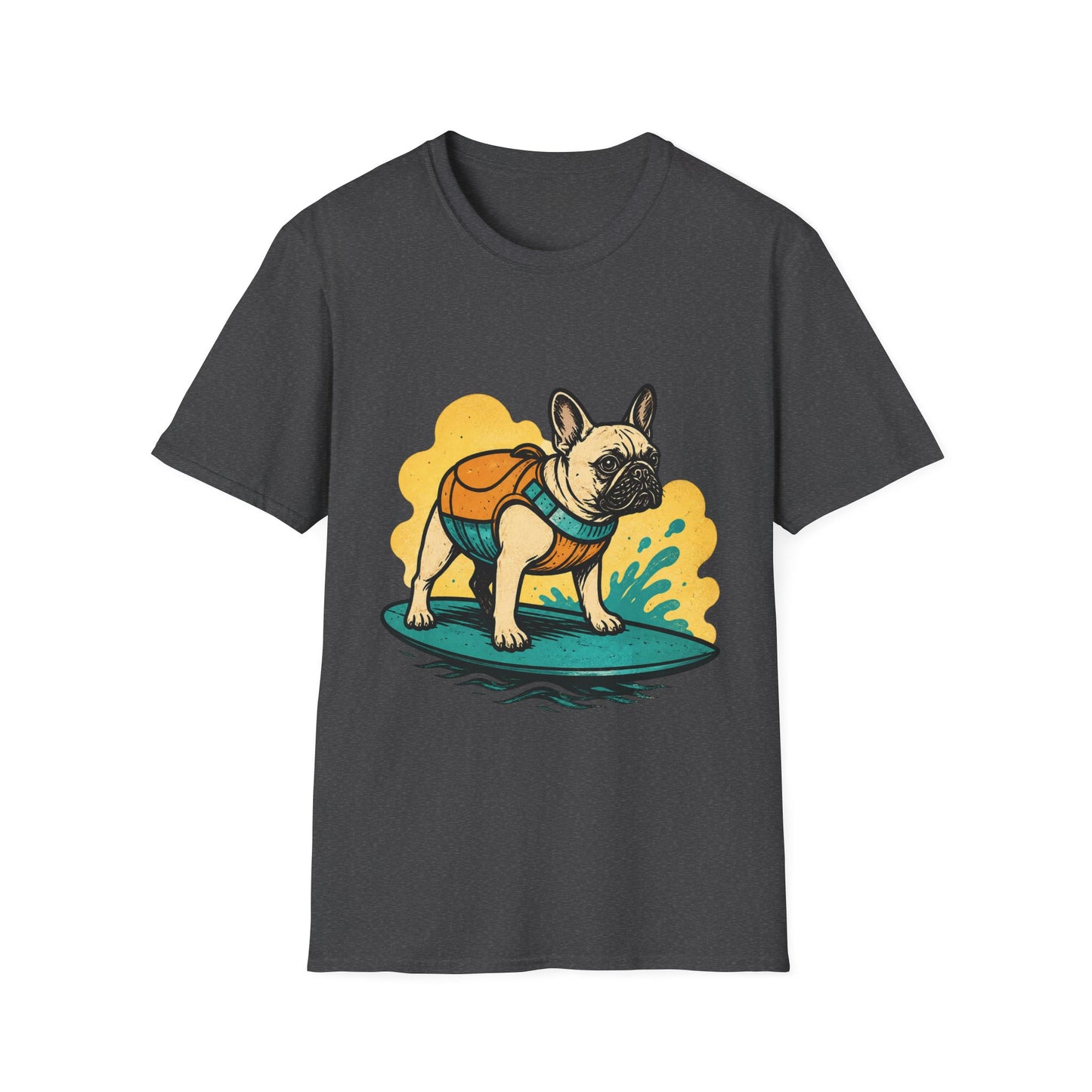 French Bulldog Surf T‑Shirt — Cute Dog with Backpack Beach Tee