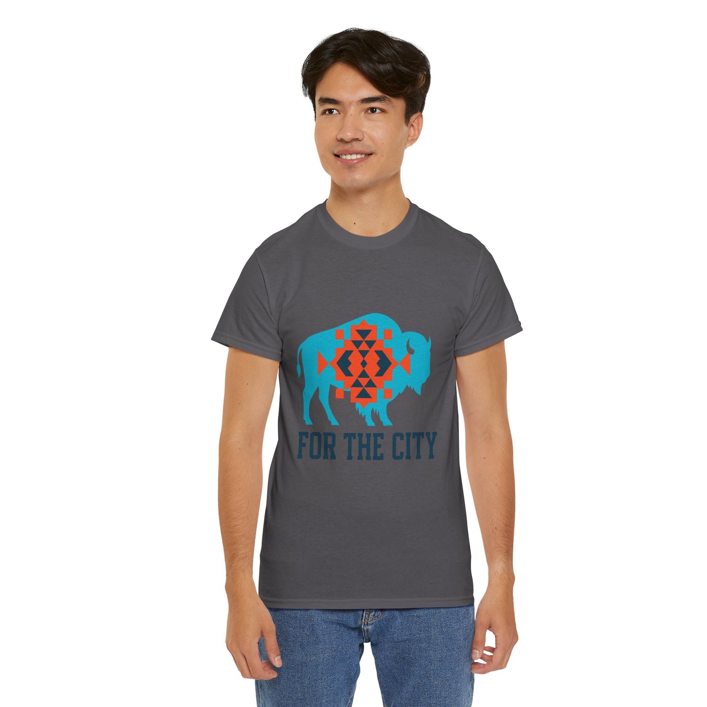 For The City Tribal Bison T-Shirt | Oklahoma Pride Tee | Blue & Orange Southwestern Bison Graphic | OKC Fan Inspired Shirt | Local Oklahoma Gift
