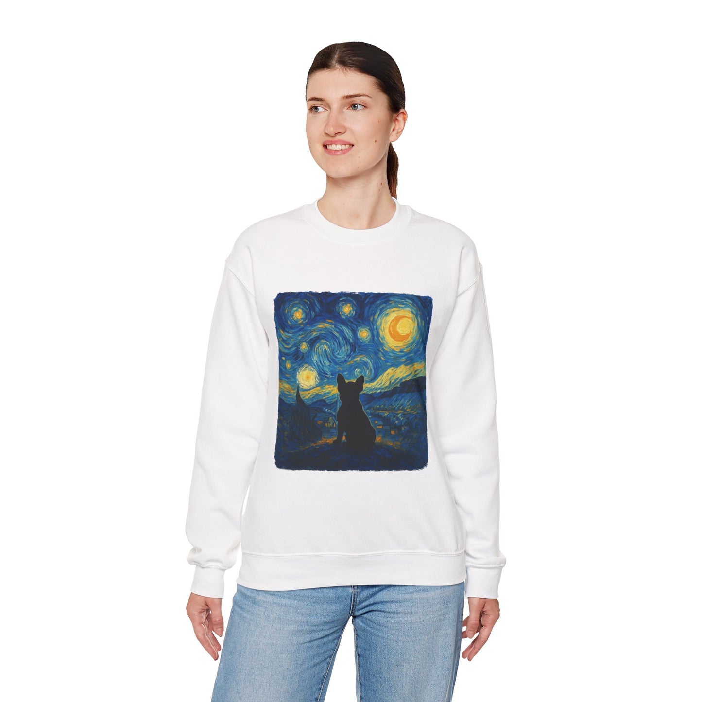 Starry Night Frenchie Sweatshirt – Van Gogh Inspired French Bulldog Art Crewneck, Cozy Dog Lover Gift, Retro Frenchie Sweater