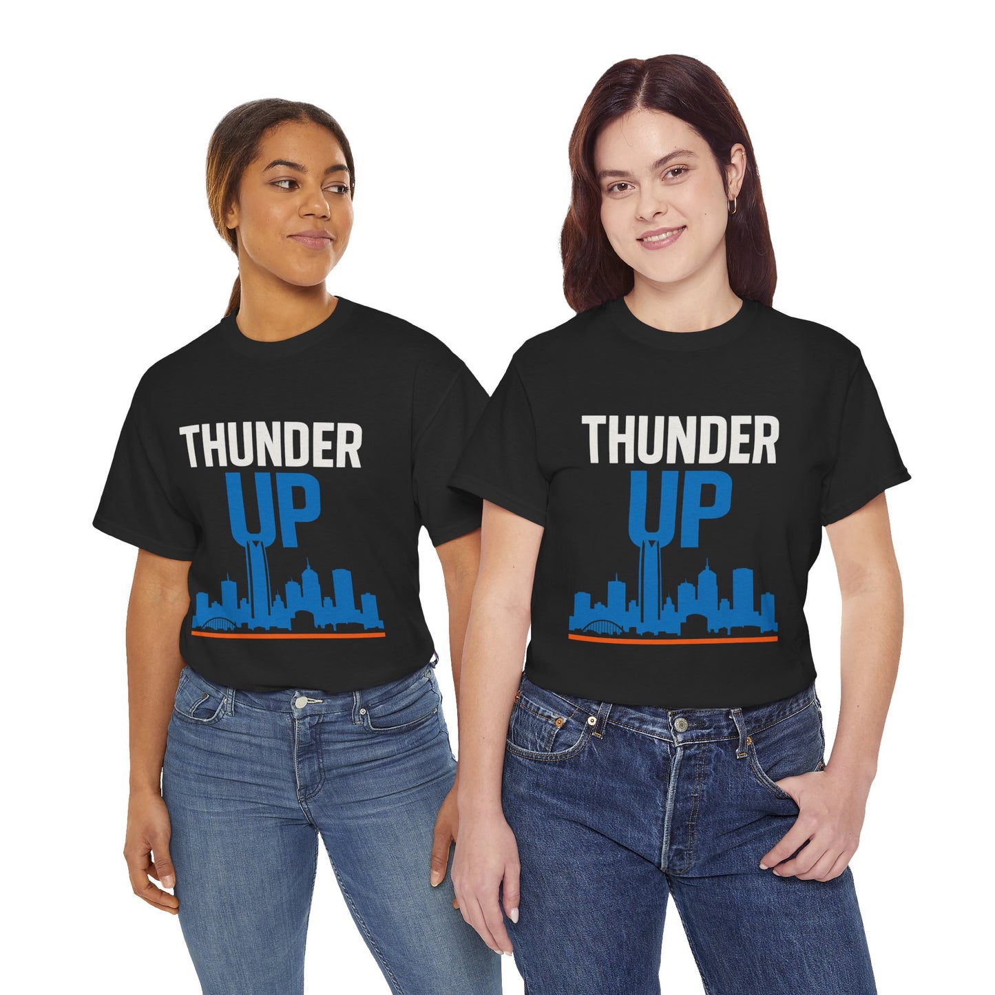 Thunder Up Oklahoma City Skyline Shirt – OKC Basketball Fan Tee, Blue & Orange City Skyline Graphic, Oklahoma Hoops Spirit Wear, Game Day T-Shirt
