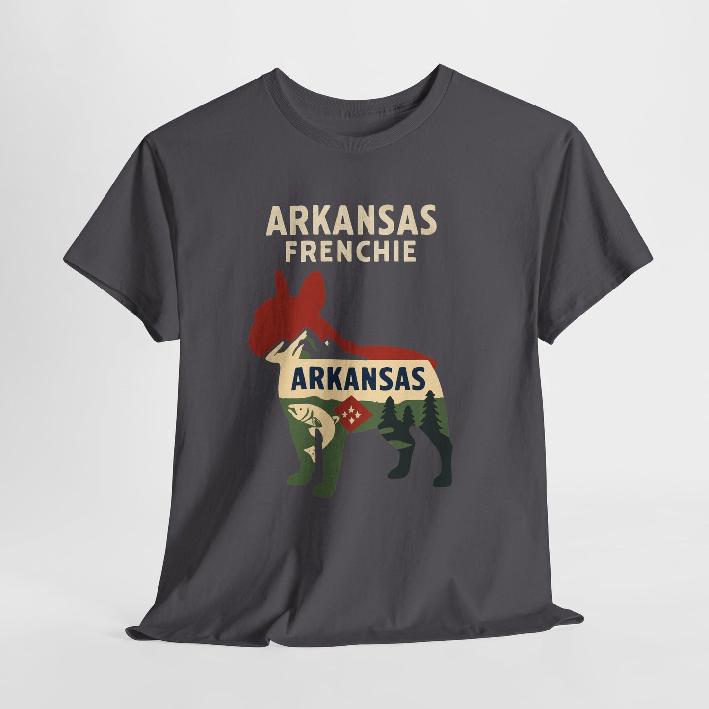 Arkansas Frenchie T-Shirt – French Bulldog State Pride Tee, Retro Arkansas Dog Lover Shirt, Nature Hiking Frenchie Gift