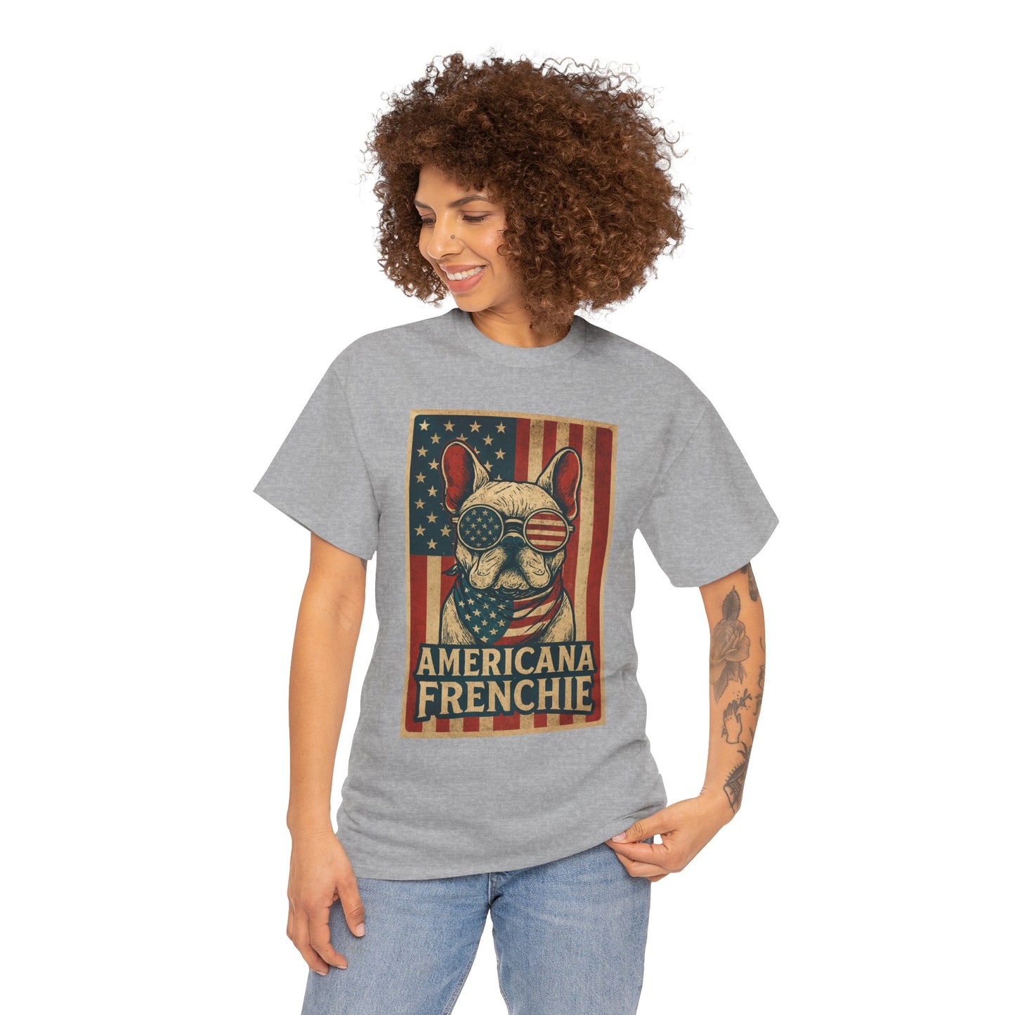 Americana Frenchie T-Shirt – Patriotic French Bulldog Tee, USA Flag Dog Shirt, 4th of July Frenchie Gift, Vintage Retro Style
