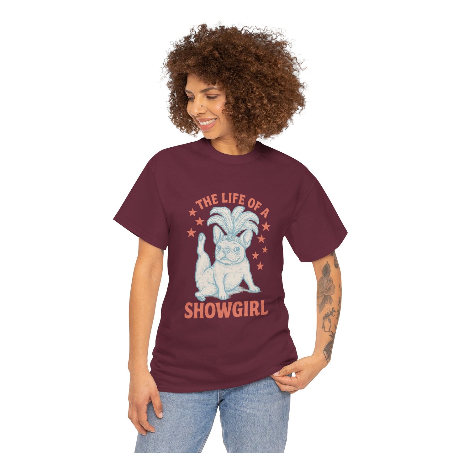 The Life of a Showgirl Frenchie T-Shirt – Retro French Bulldog Tee, Funny Dog Lover Shirt, Vintage Vegas Showgirl Graphic