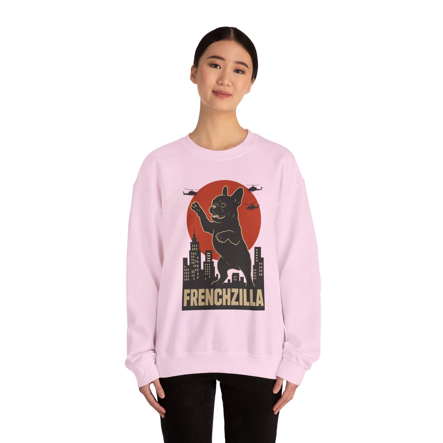 French Bulldogzilla Sweatshirt | Godzilla Inspired French Bulldog Graphic Tee | Retro Japanese Movie Style Dog Lover Shirt | Funny Frenchie Gift