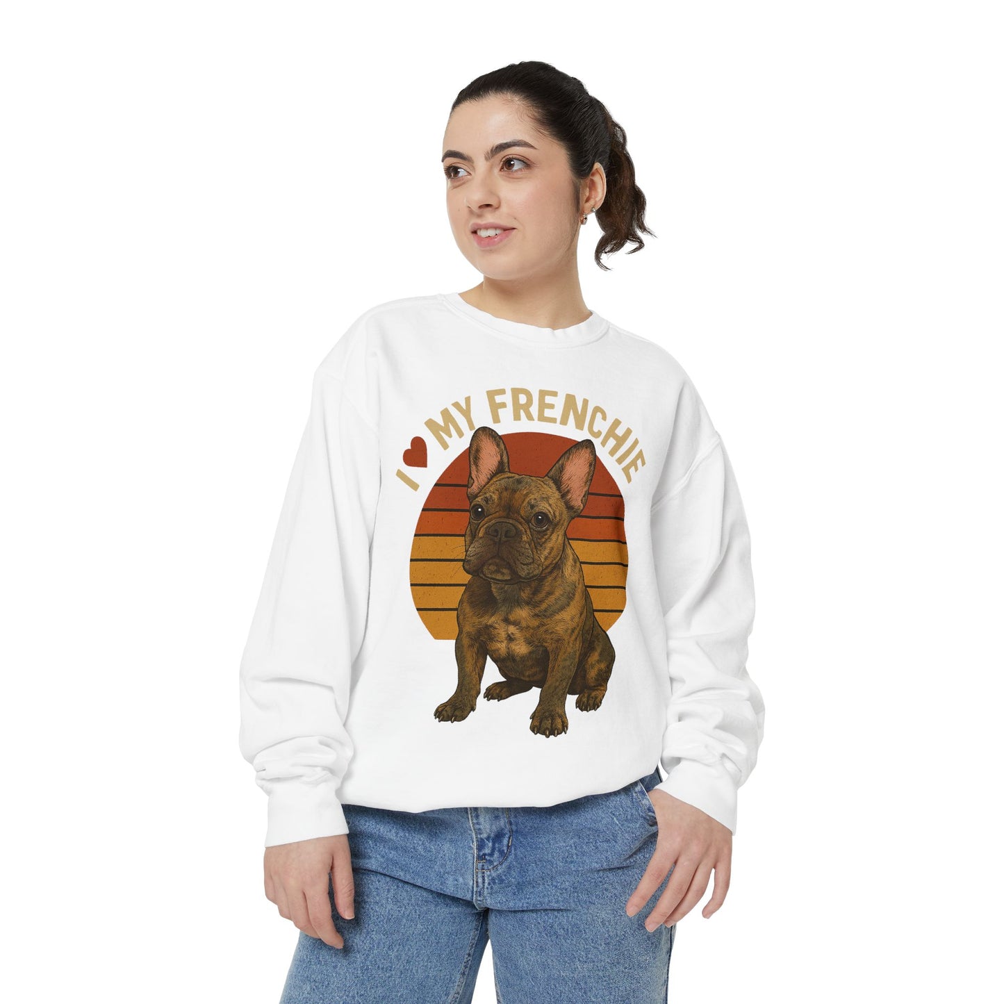 I Love My Frenchie Sweatshirt | Brindle French Bulldog Pullover | Retro Dog Lover Crewneck | Vintage Frenchie Mom & Dad Gift