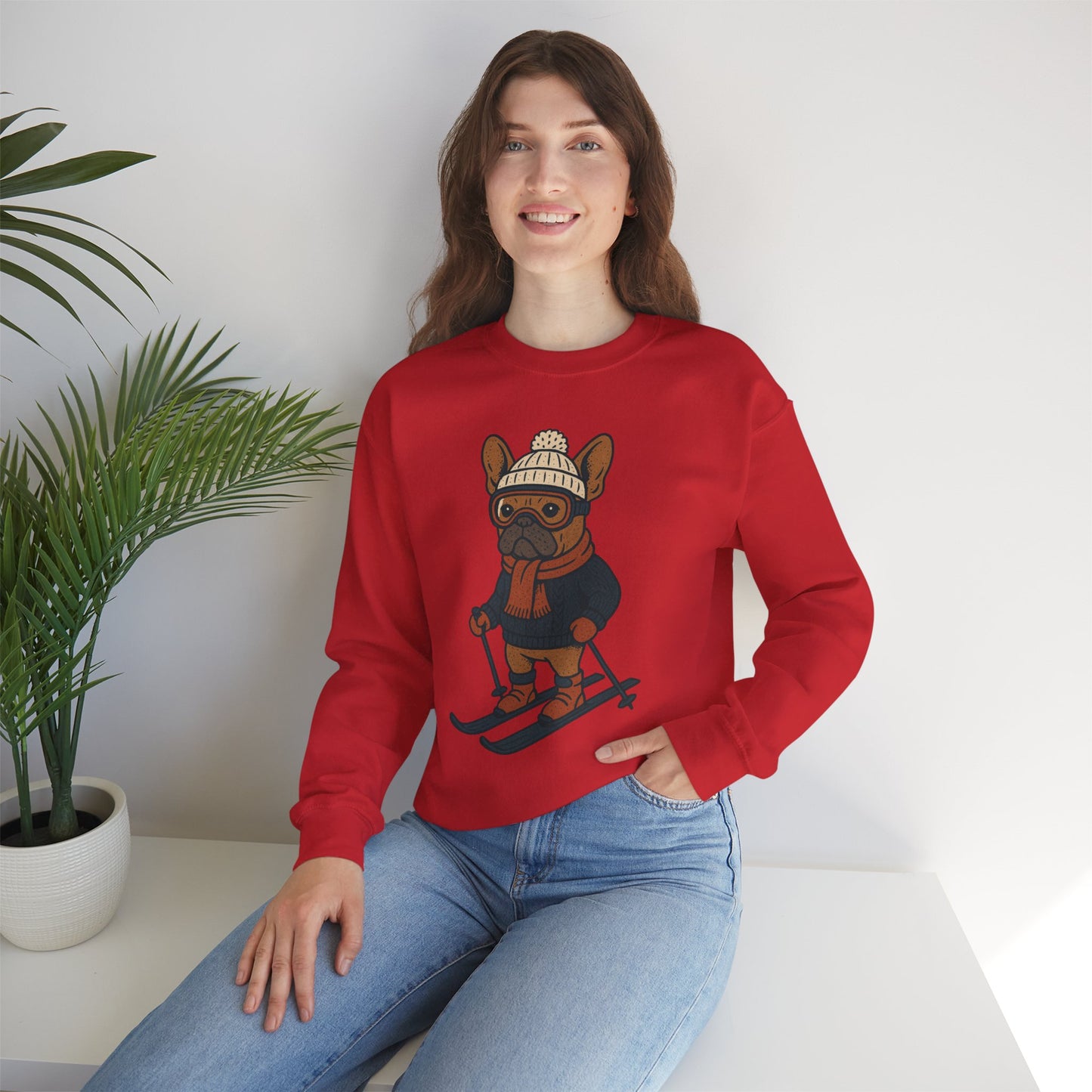 Skiing Frenchie Sweatshirt – Cute Winter French Bulldog Pullover, Cozy Ski Dog Sweater, Funny Dog Lover Gift, Winter Sports Bulldog Crewneck