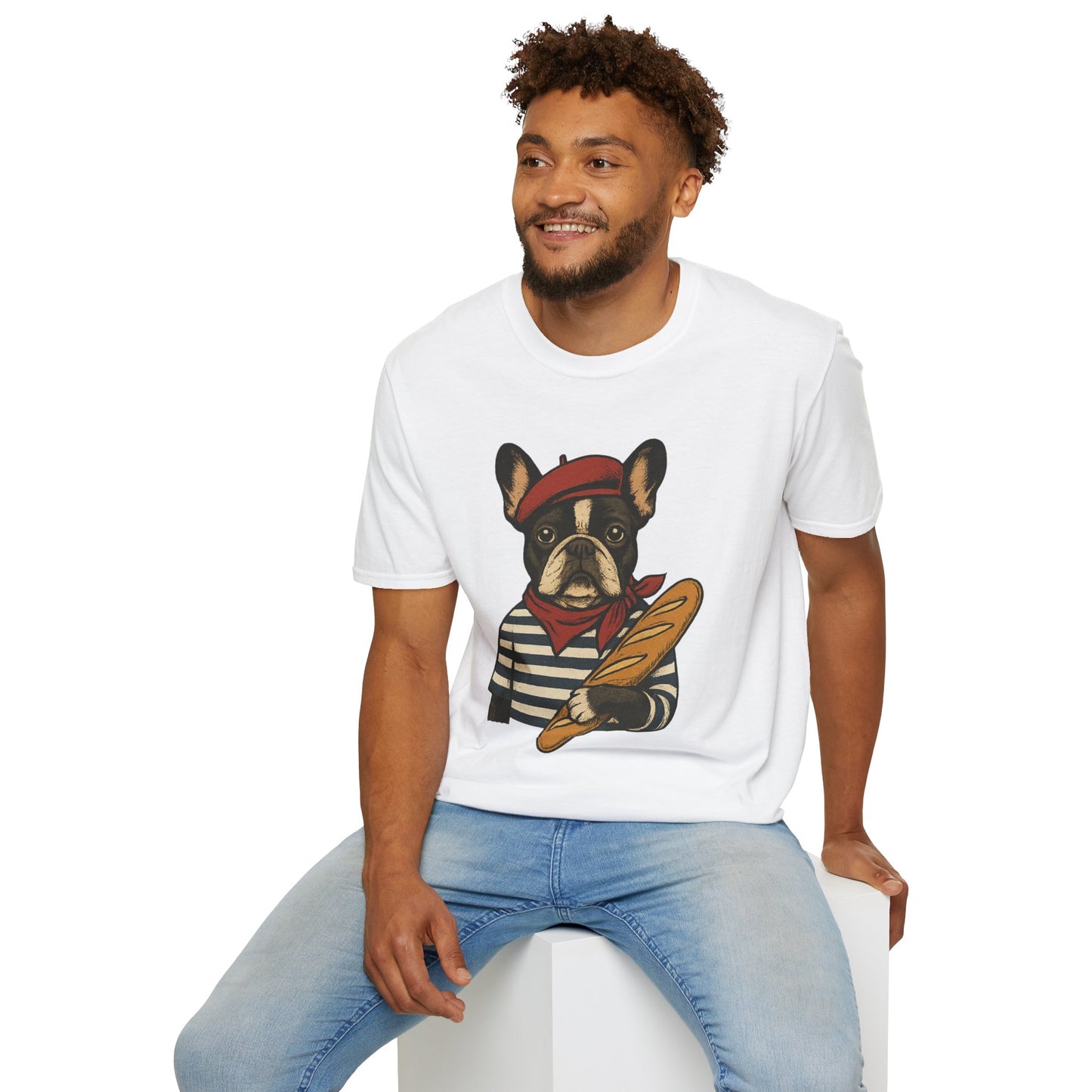 French Bulldog Parisian T-Shirt – Cute Frenchie in Beret & Stripes with Baguette – Funny Dog Lover Tee, French Style Dog Shirt, Gift for Frenchie Moms