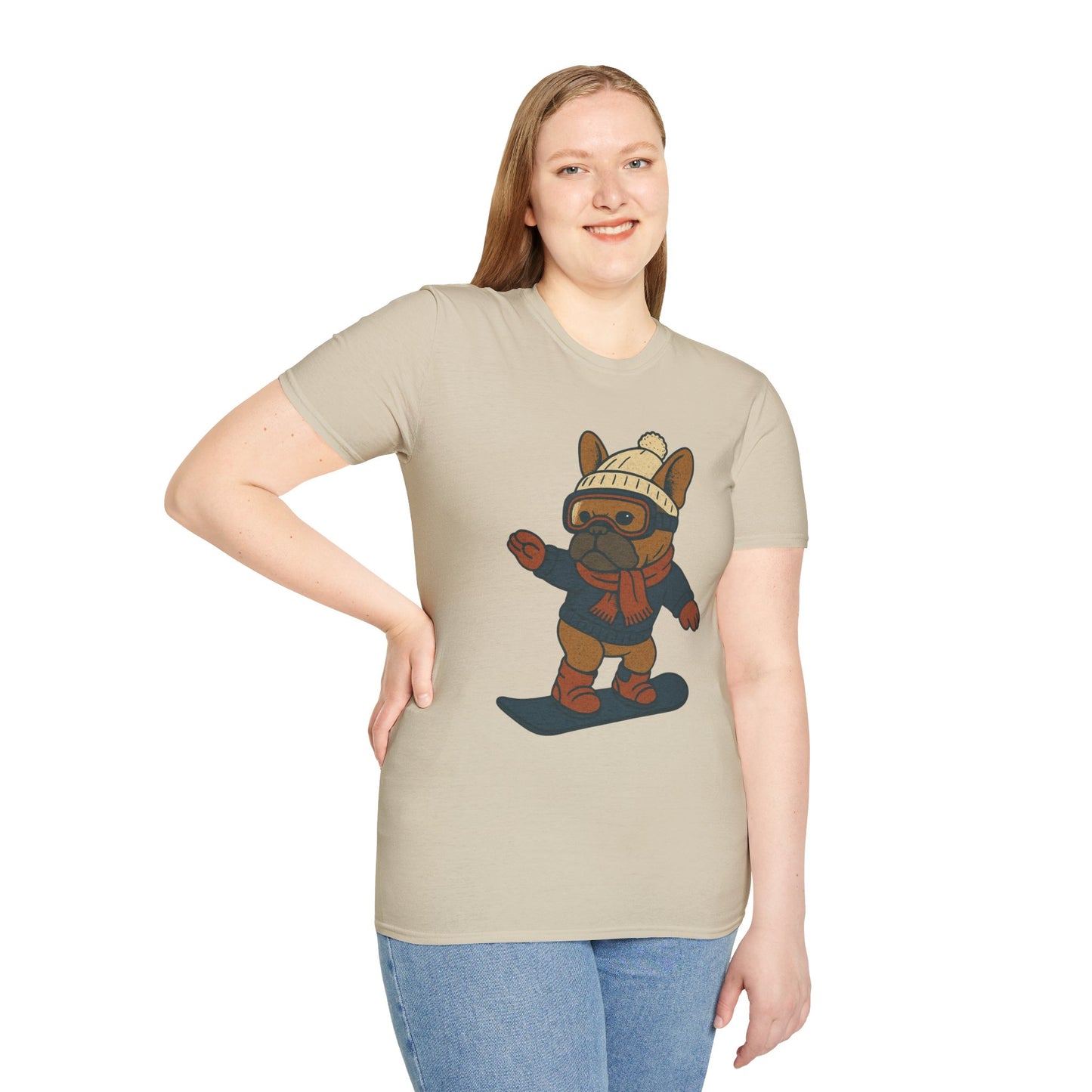 Snowboarding Frenchie T-Shirt | Cute Winter Dog Snowboard Tee | French Bulldog Snowboarder Shirt | Holiday Ski Resort Pup Graphic | Dog Lover Snow Sport Gift
