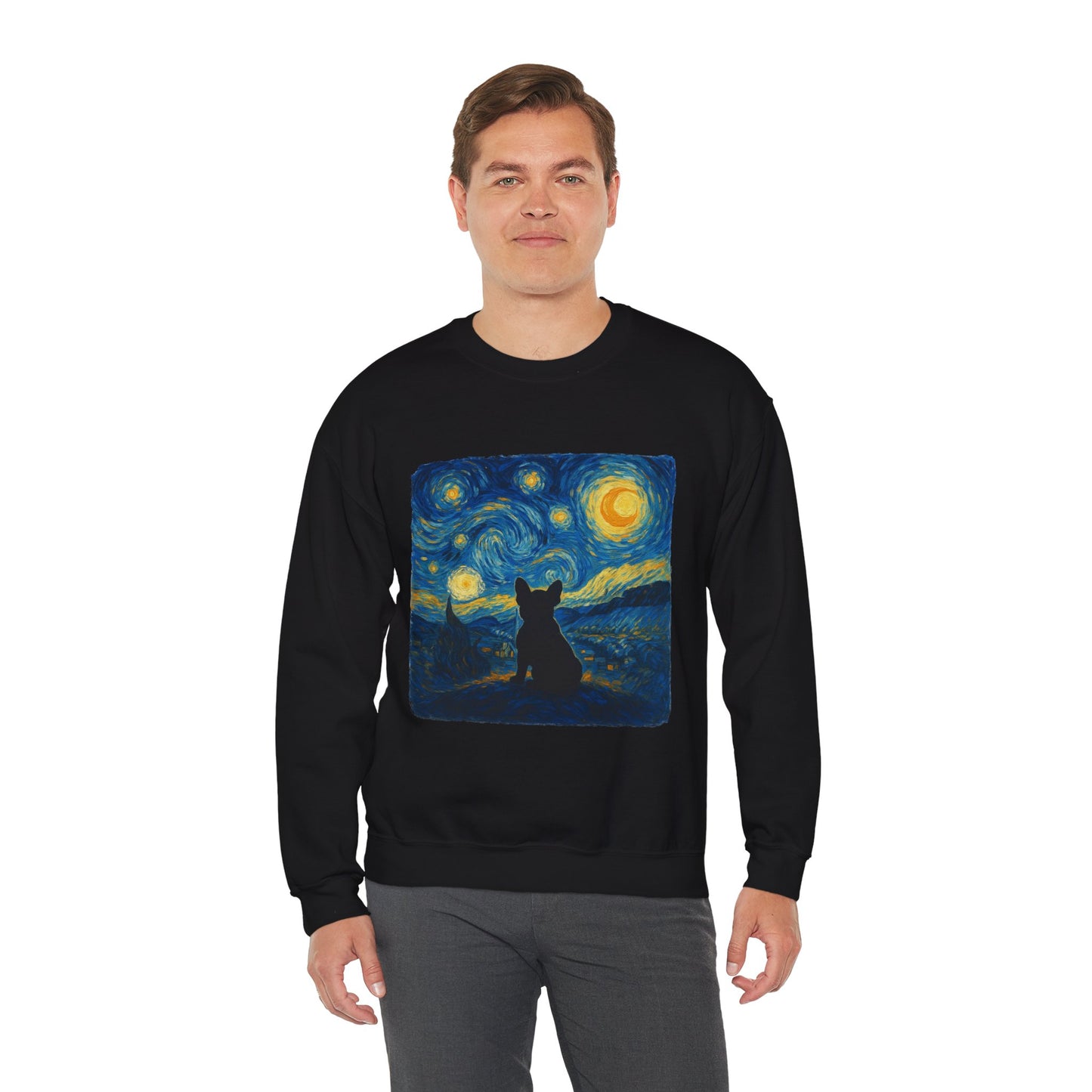 Starry Night Frenchie Sweatshirt – Van Gogh Inspired French Bulldog Art Crewneck, Cozy Dog Lover Gift, Retro Frenchie Sweater