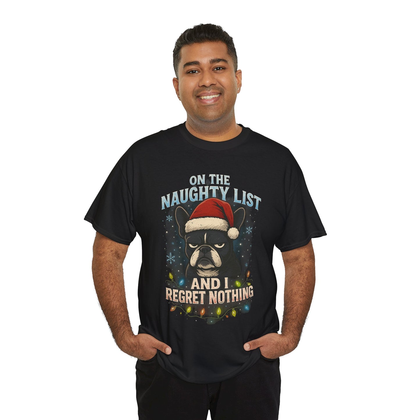 On The Naughty List Frenchie Christmas Shirt | Funny Holiday Dog Lover Tee | Grumpy French Bulldog Xmas Lights T-Shirt | Cute Pet Gift