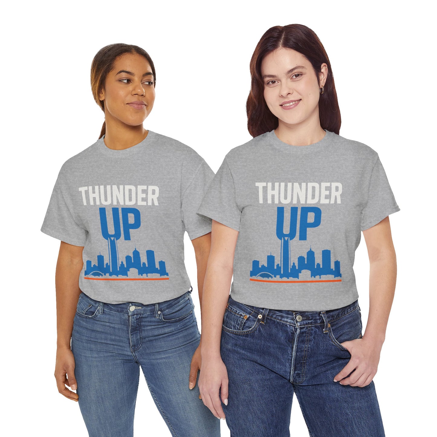 Thunder Up Oklahoma City Skyline Shirt – OKC Basketball Fan Tee, Blue & Orange City Skyline Graphic, Oklahoma Hoops Spirit Wear, Game Day T-Shirt
