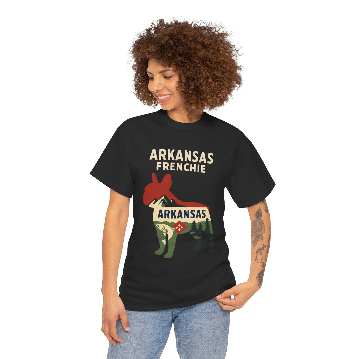 Arkansas Frenchie T-Shirt – French Bulldog State Pride Tee, Retro Arkansas Dog Lover Shirt, Nature Hiking Frenchie Gift