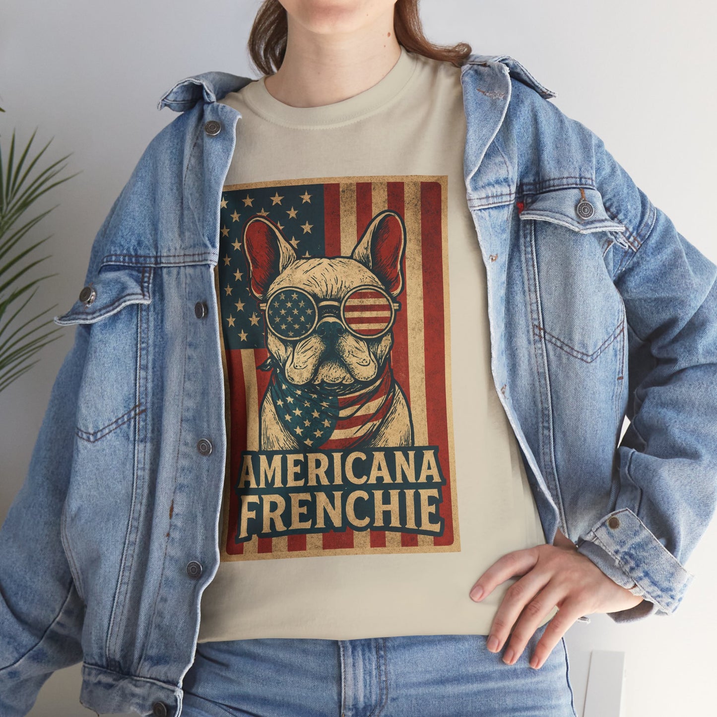 Americana Frenchie T-Shirt – Patriotic French Bulldog Tee, USA Flag Dog Shirt, 4th of July Frenchie Gift, Vintage Retro Style