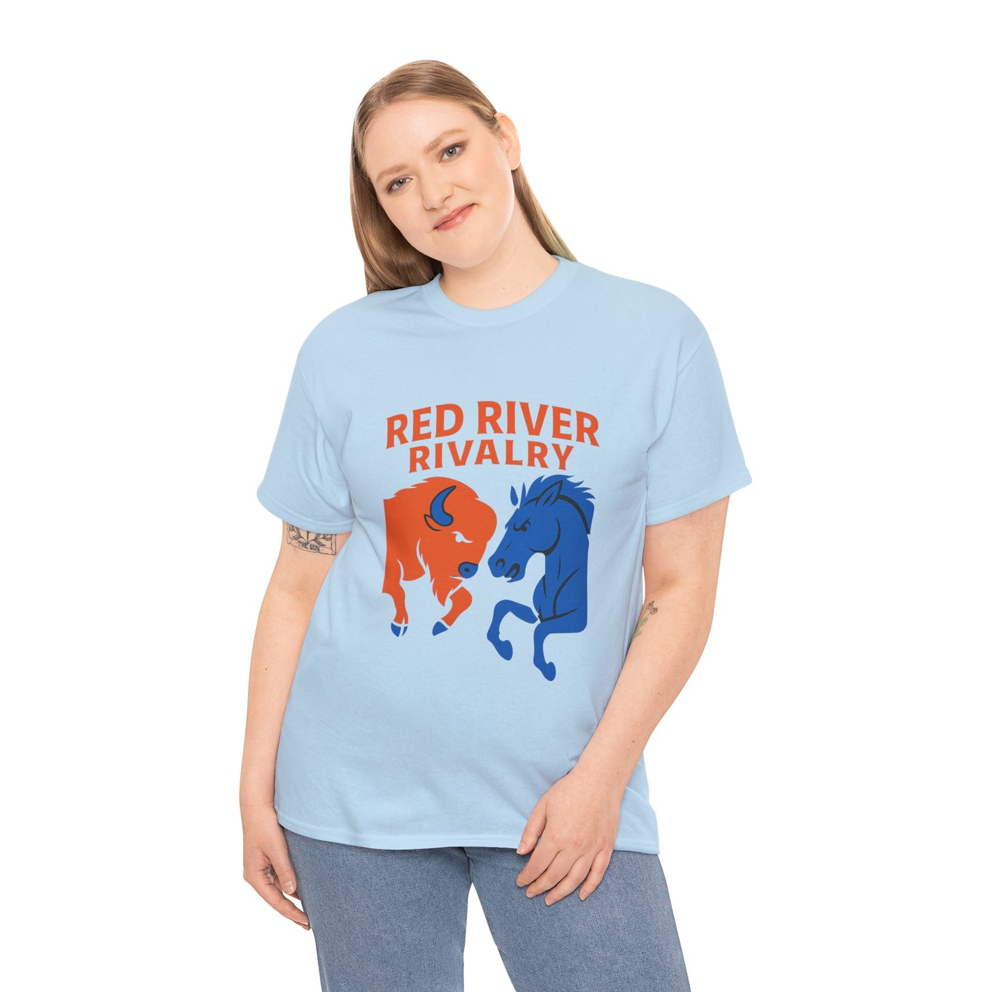 Red River Rivalry T-Shirt – Oklahoma vs Texas-Inspired Tee, Bison and Mustang Game Day Shirt, Blue and Orange Sports Rivalry Graphic