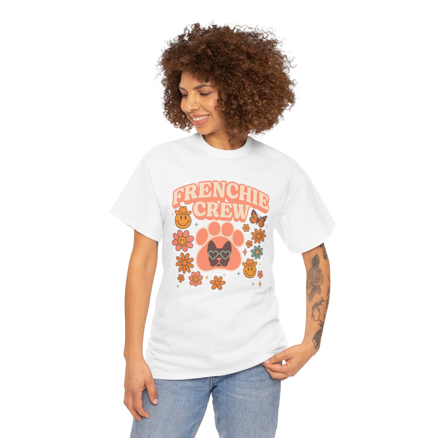 Frenchie Crew T-Shirt | Retro 70s Floral French Bulldog Tee | Groovy Dog Mom Shirt | Frenchie Lover Gift | Vintage Aesthetic Graphic Tee