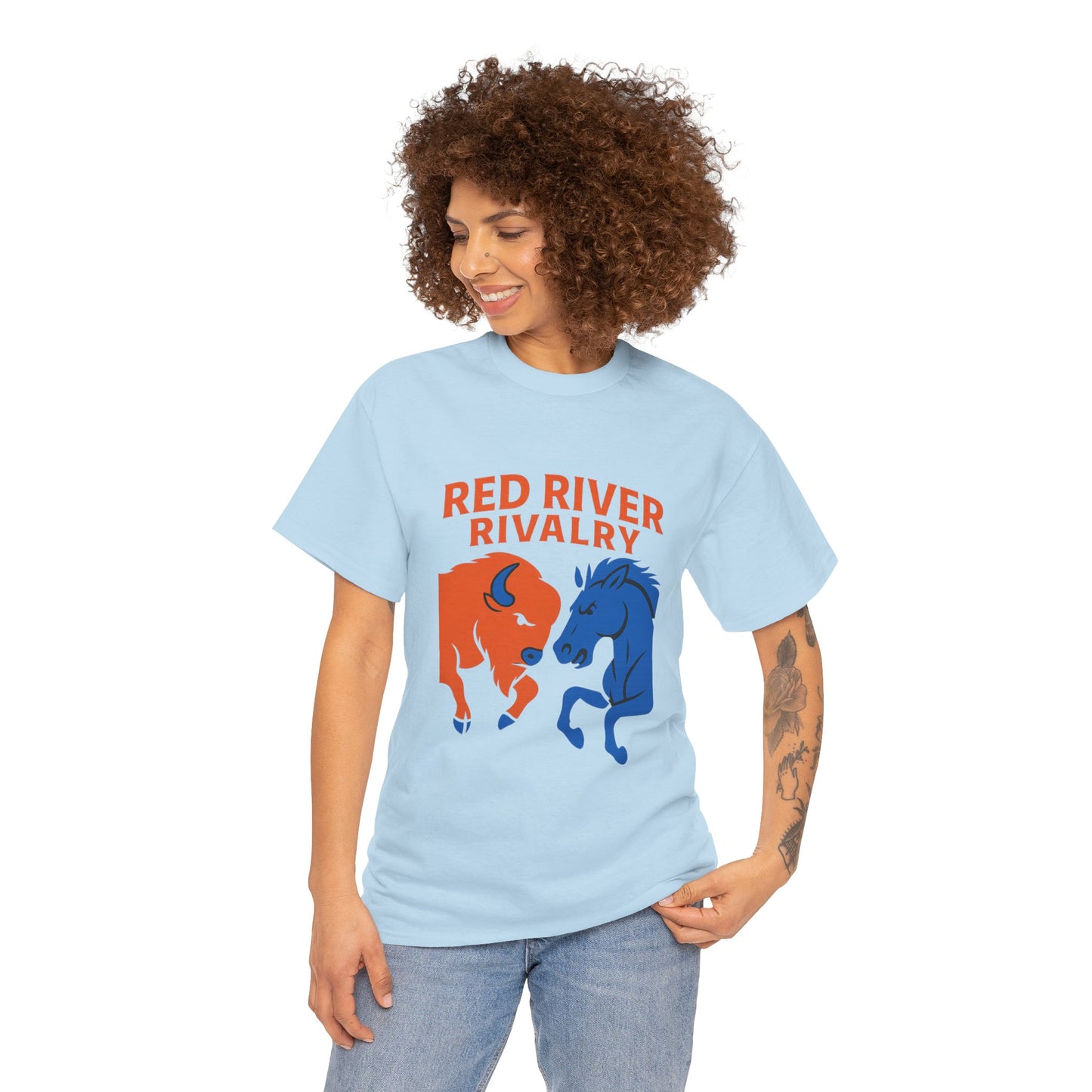 Red River Rivalry T-Shirt – Oklahoma vs Texas-Inspired Tee, Bison and Mustang Game Day Shirt, Blue and Orange Sports Rivalry Graphic