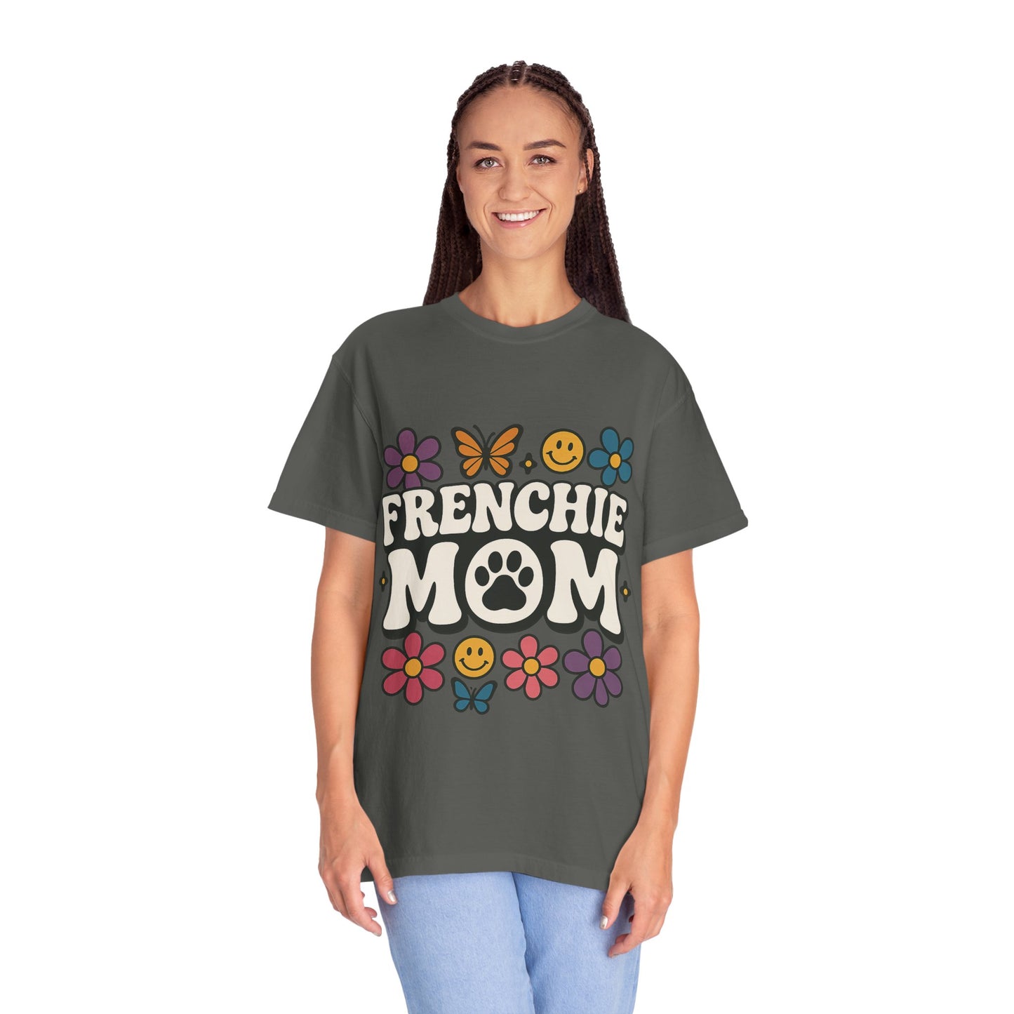 Frenchie Mom T-Shirt | Retro Groovy Dog Lover Tee | Smiley Flower French Bulldog Shirt | Cute Colorful Frenchie Gift for Her