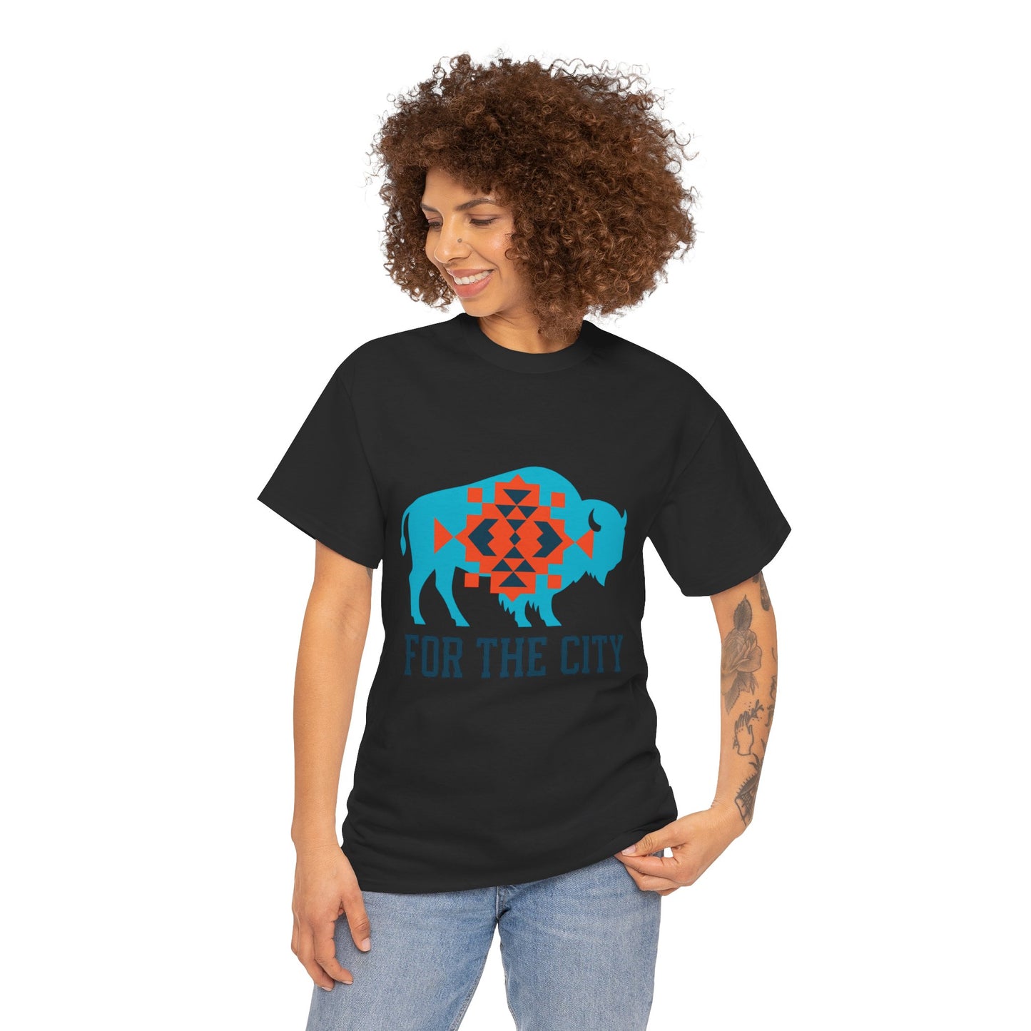 For The City Tribal Bison T-Shirt | Oklahoma Pride Tee | Blue & Orange Southwestern Bison Graphic | OKC Fan Inspired Shirt | Local Oklahoma Gift