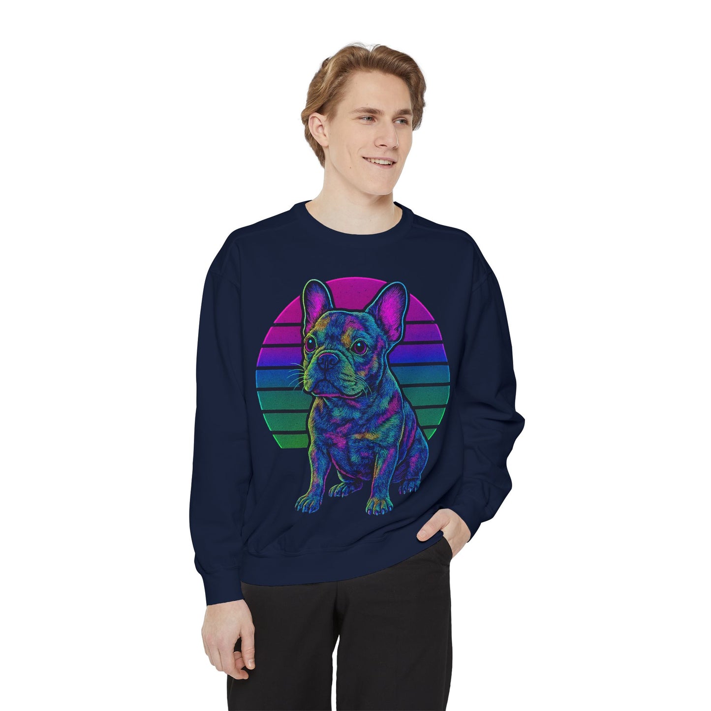 Neon French Bulldog Sweatshirt | Retro 80s Frenchie Pullover | Colorful Dog Lover Crewneck